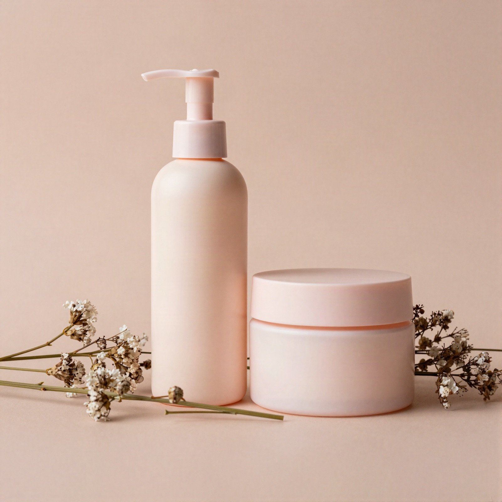 Unlabelled pastel skincare bottles and jars with dried flowers