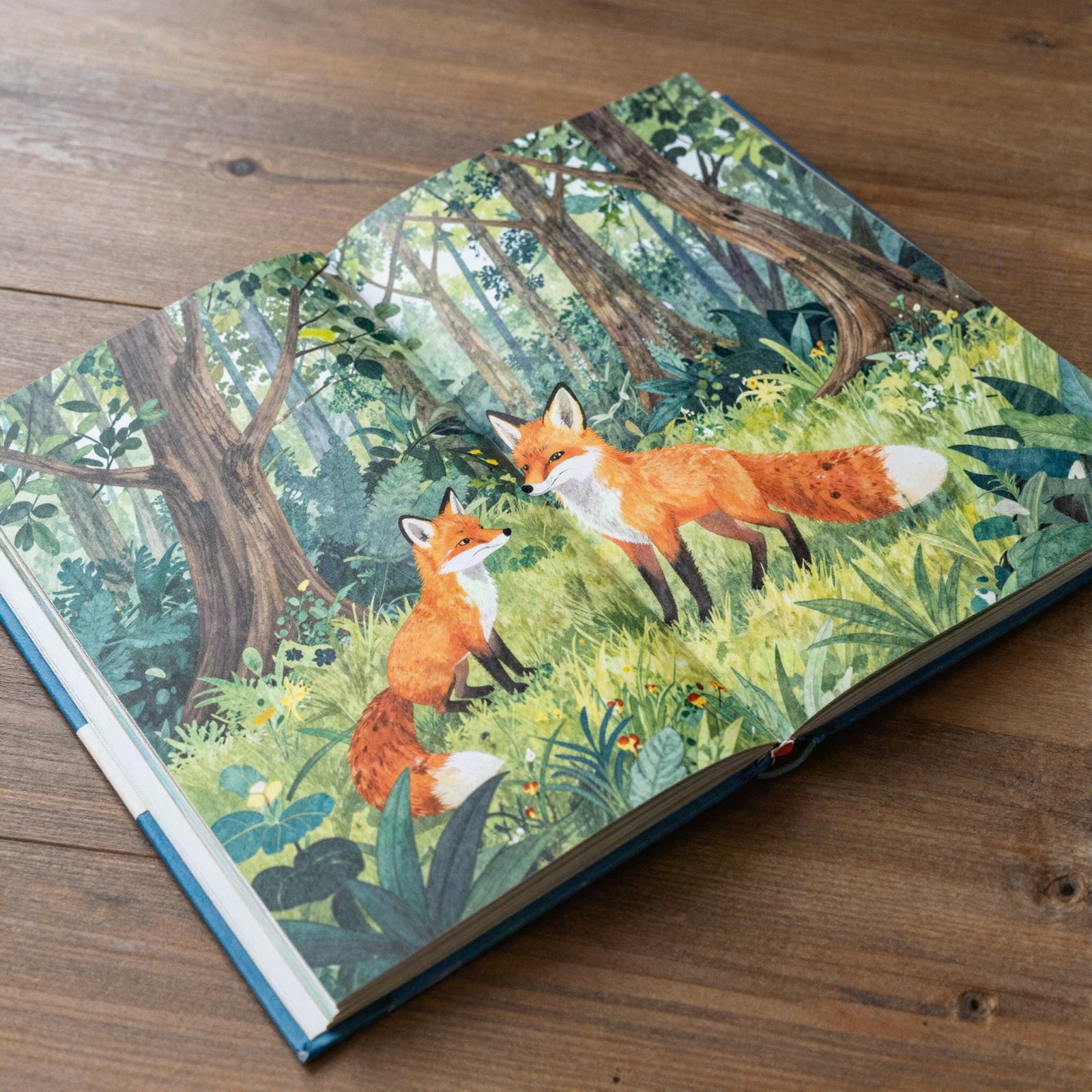 An open children's book with a watercolour illustration of foxes in a forest