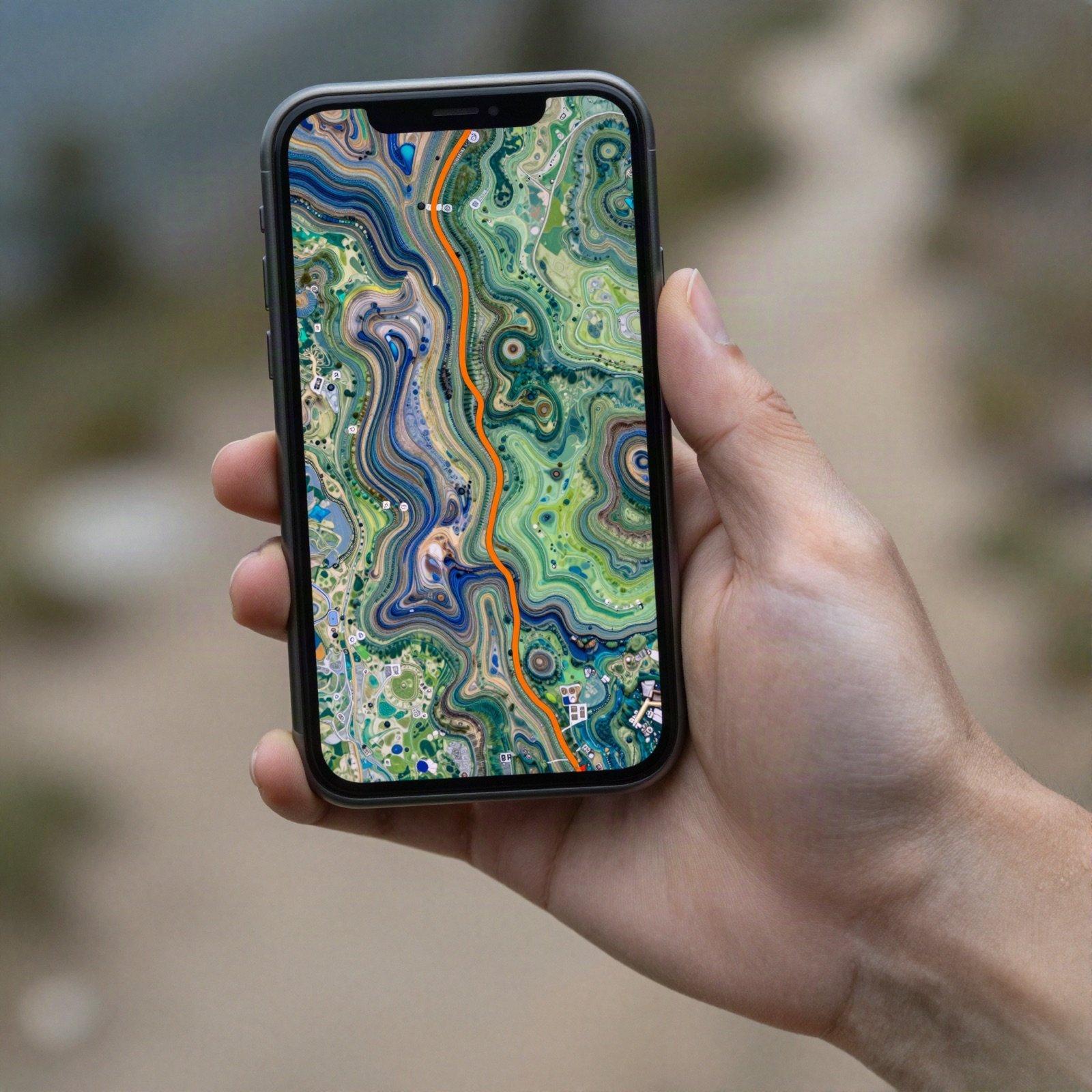 A hand holding a phone showing a colourful topographic trail map