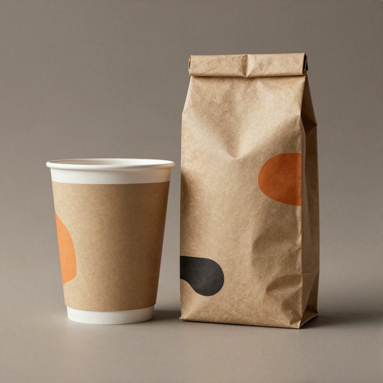 Kraft paper coffee cup and bag decorated with orange and black shapes