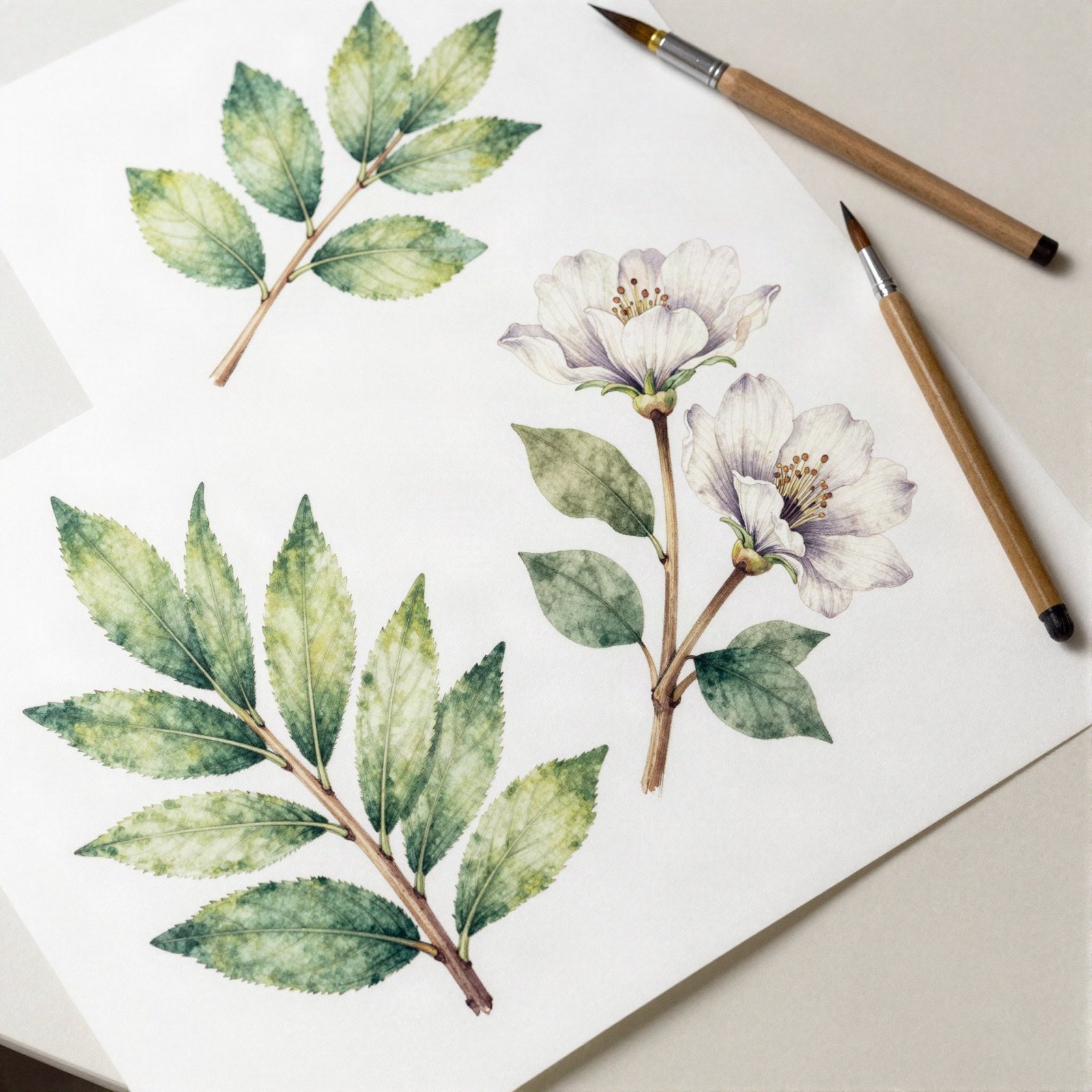 Watercolour botanical drawings of leaves and blossoms with brushes