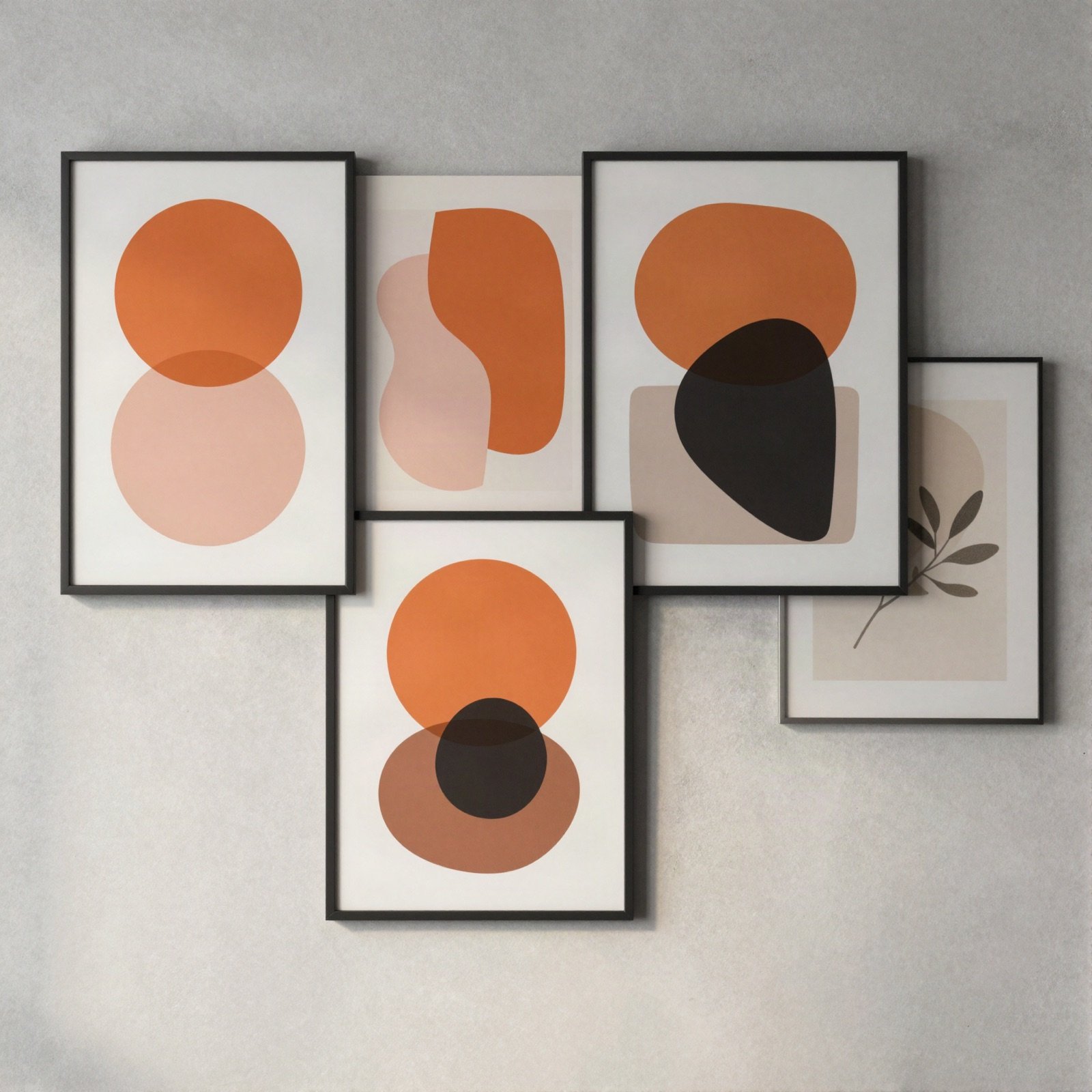 Framed abstract prints with orange, pink and black shapes on a wall