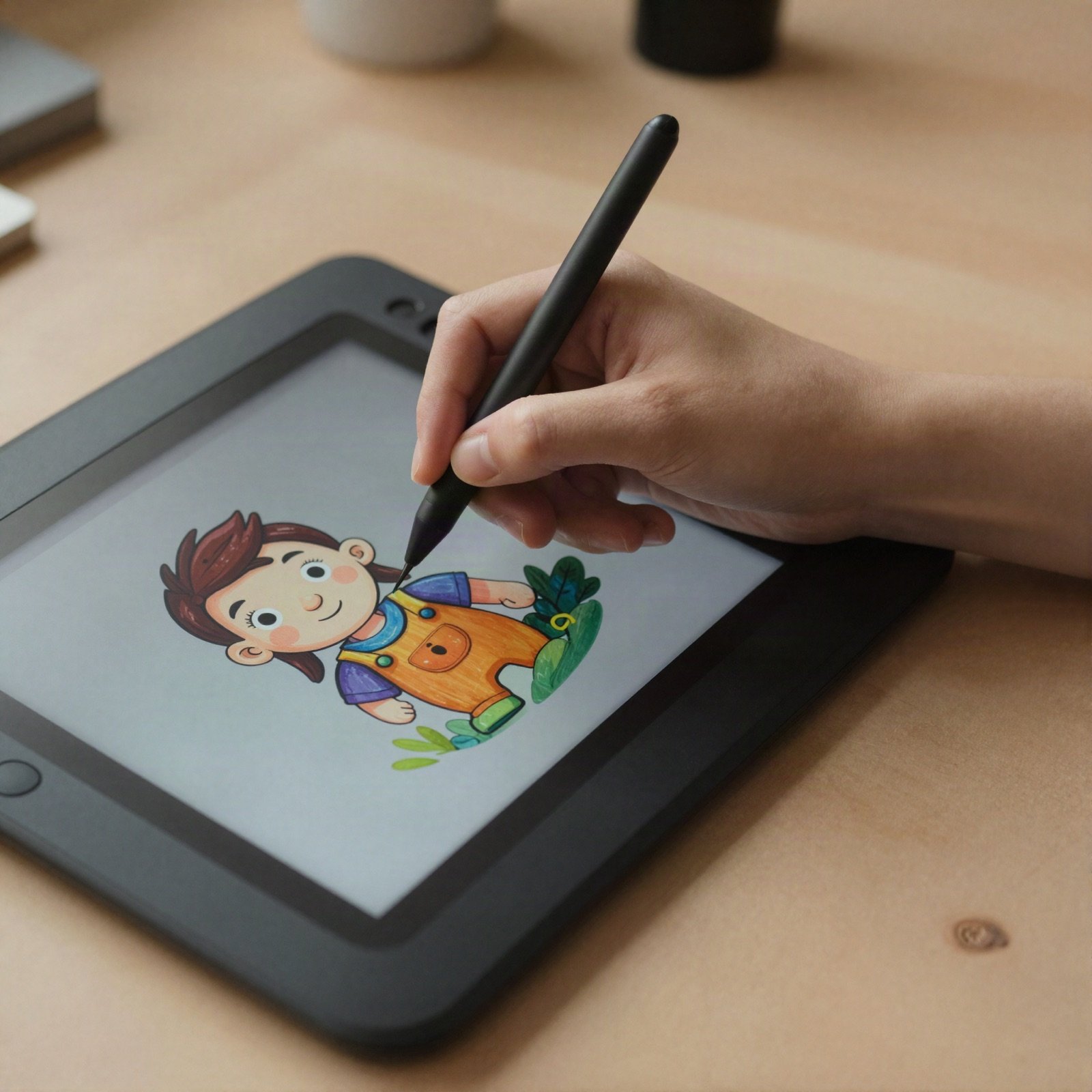 A hand drawing a cartoon character on a graphics tablet