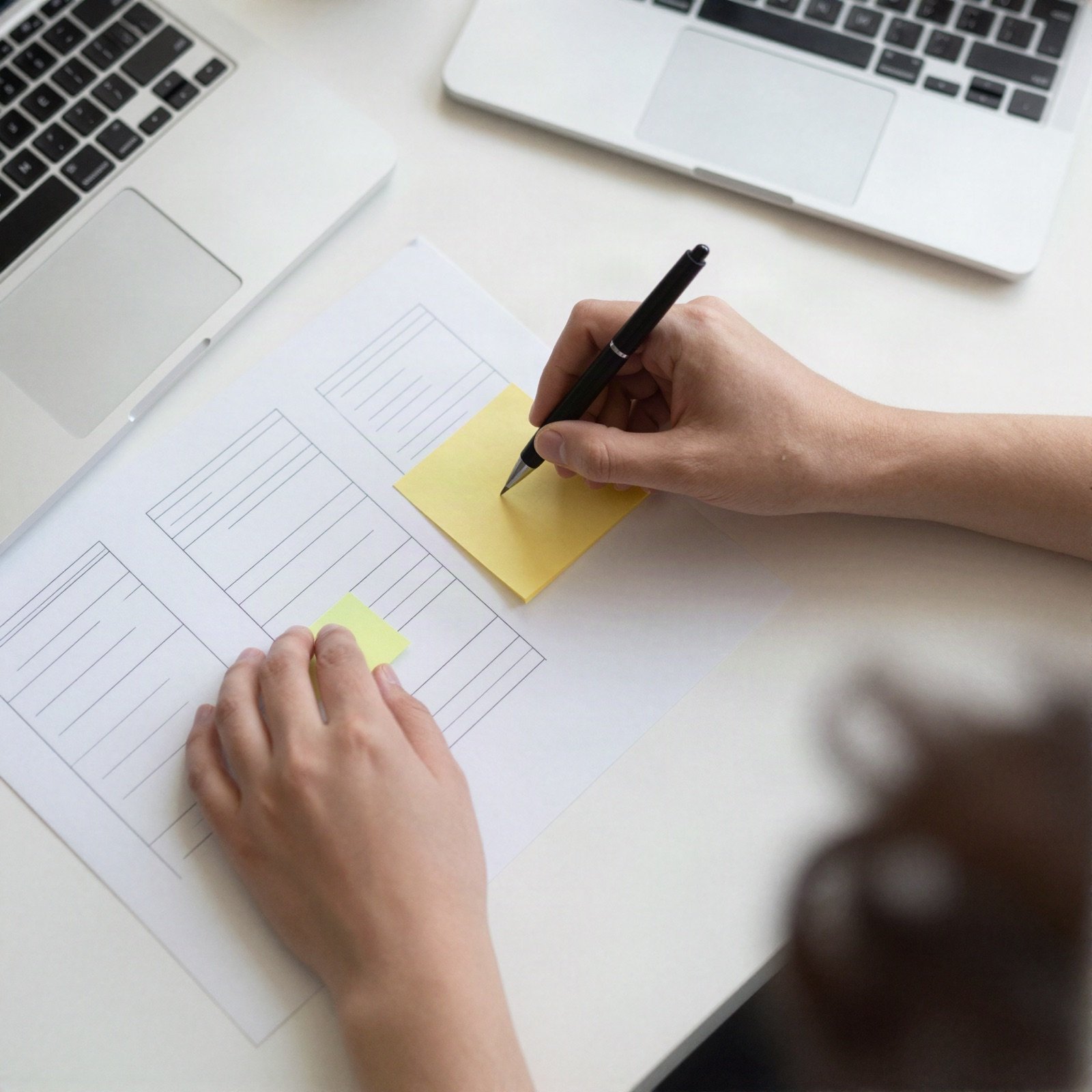 Hands sketching website wireframes with sticky notes beside a laptop