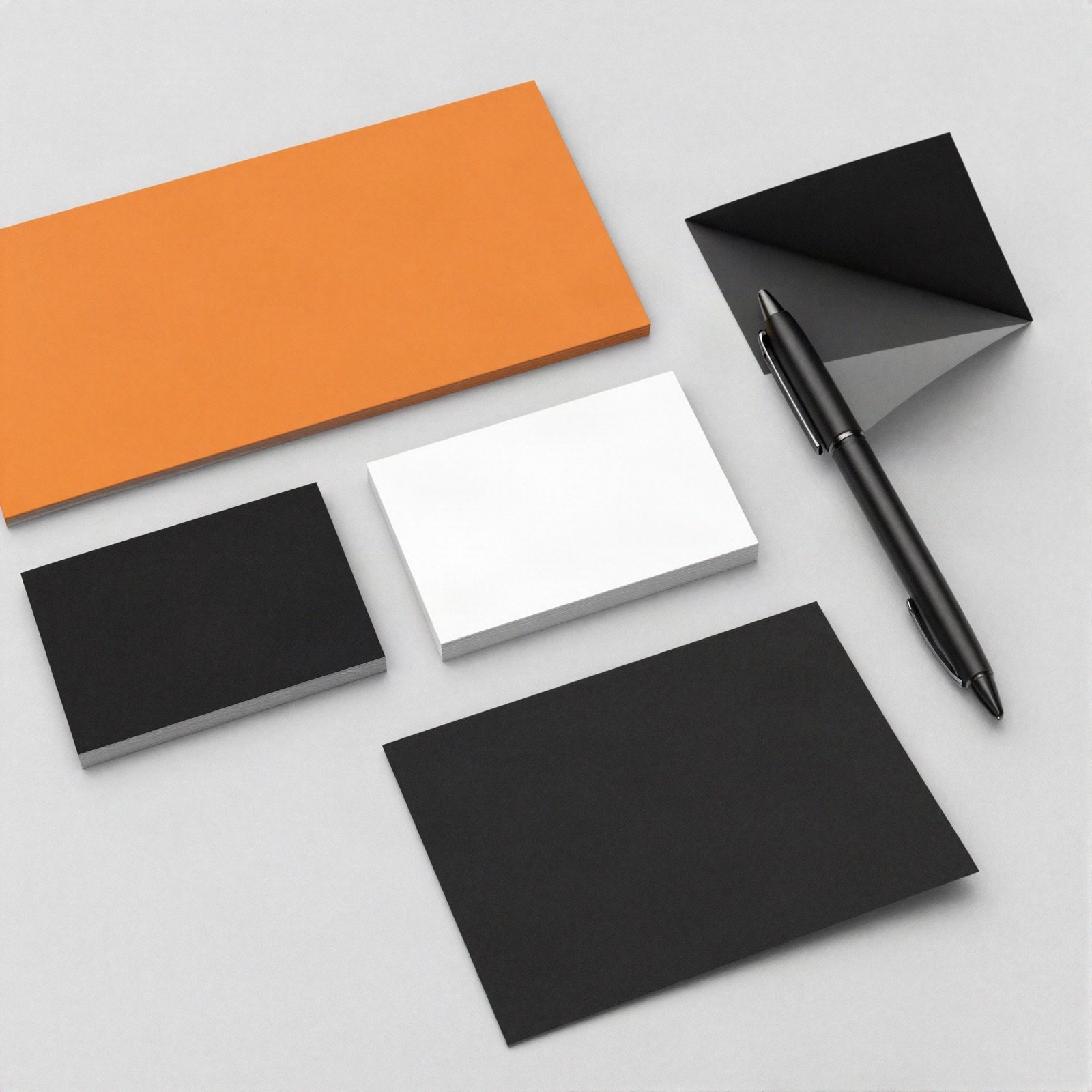 Orange, black and white brand cards with a pen on a grey desk