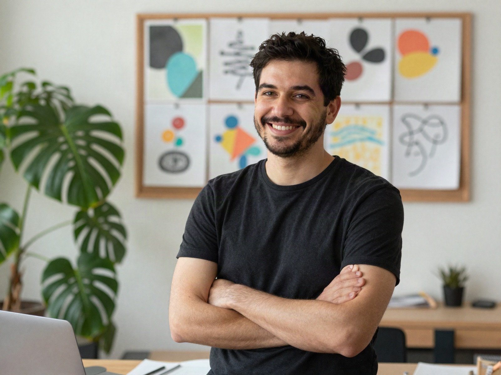 A smiling graphic designer with arms crossed in his studio