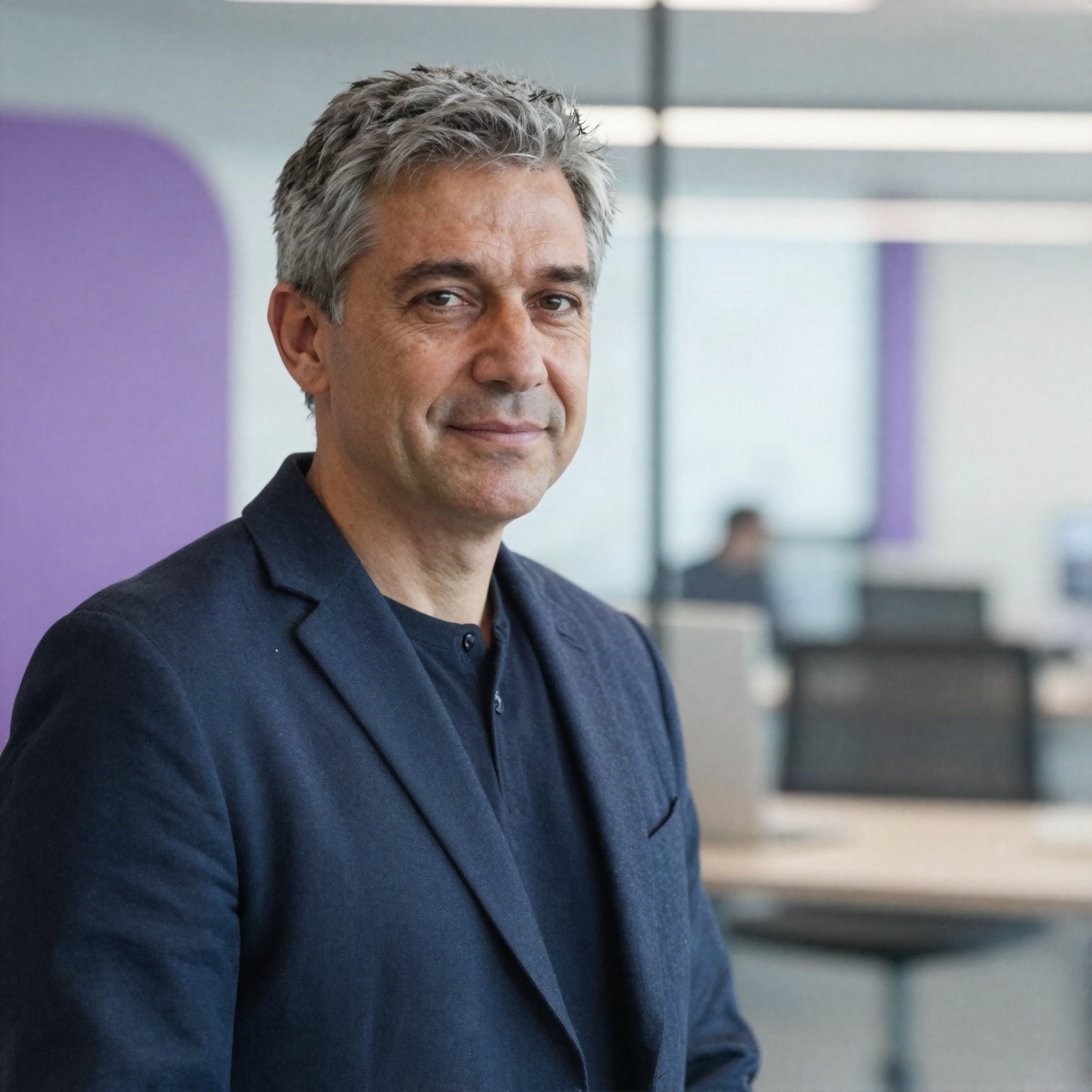 Portrait of a grey-haired founder in a navy blazer in a bright office
