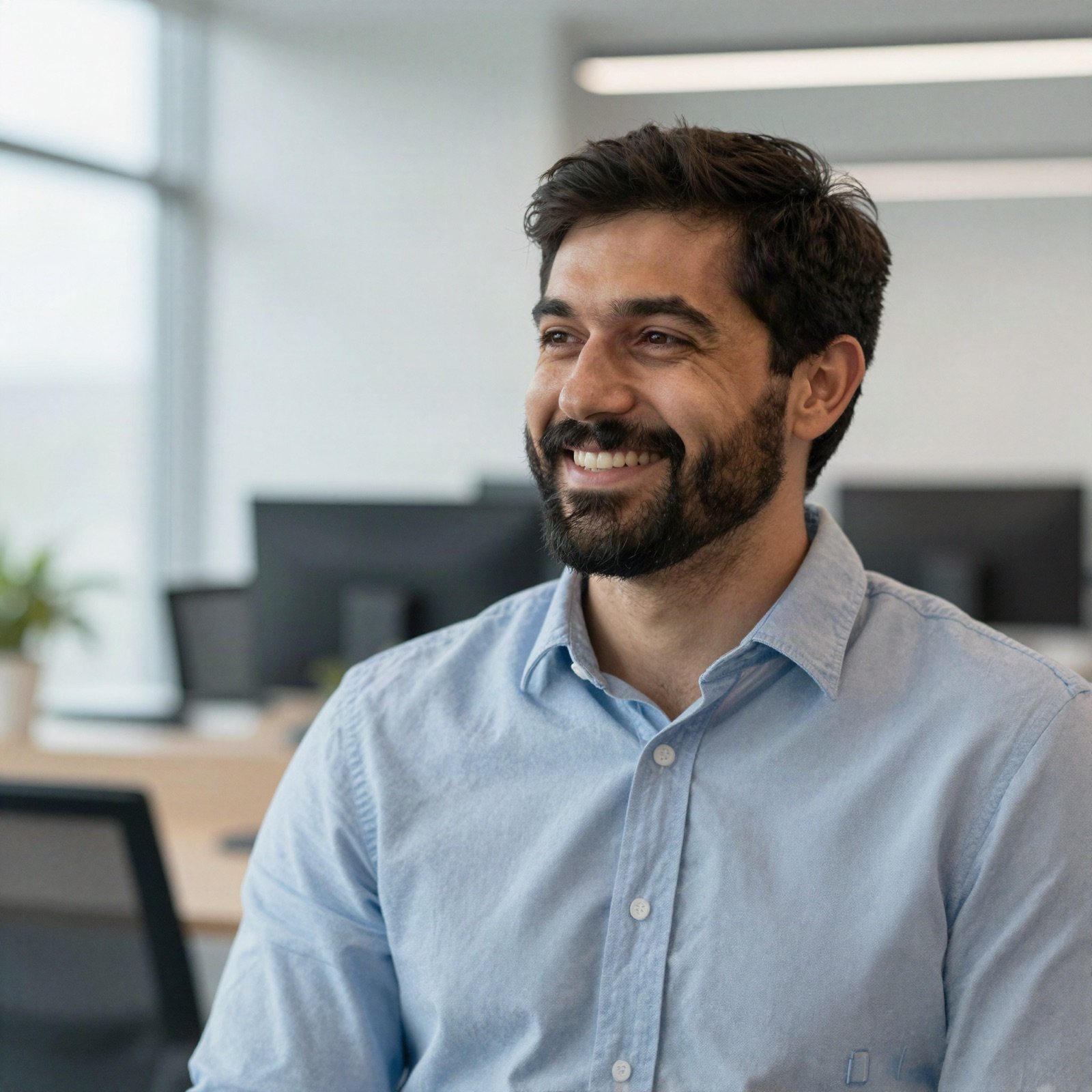 Portrait of a smiling bearded man in a light blue shirt