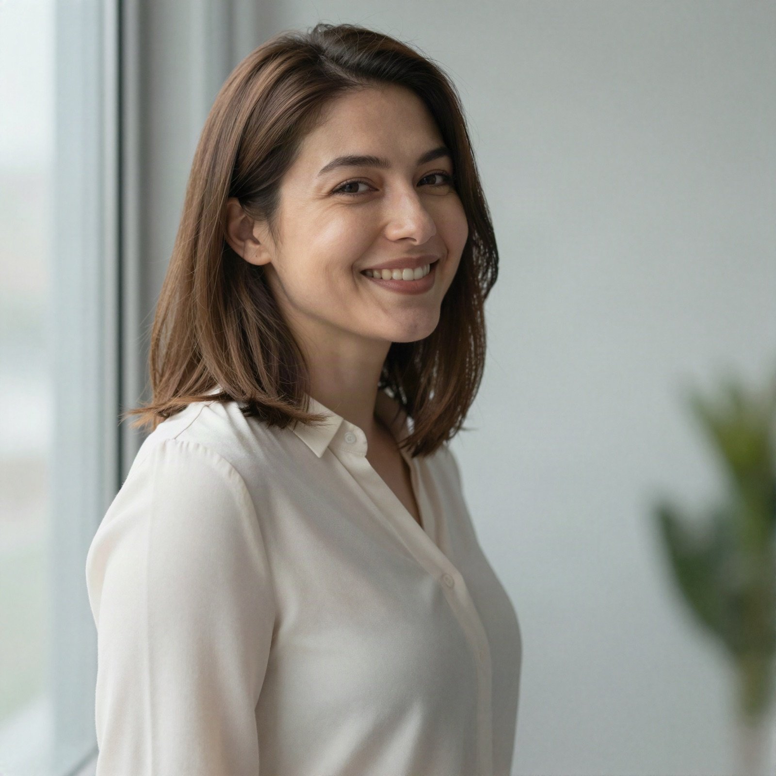 Portrait of a smiling woman with shoulder-length brown hair in a cream blouse