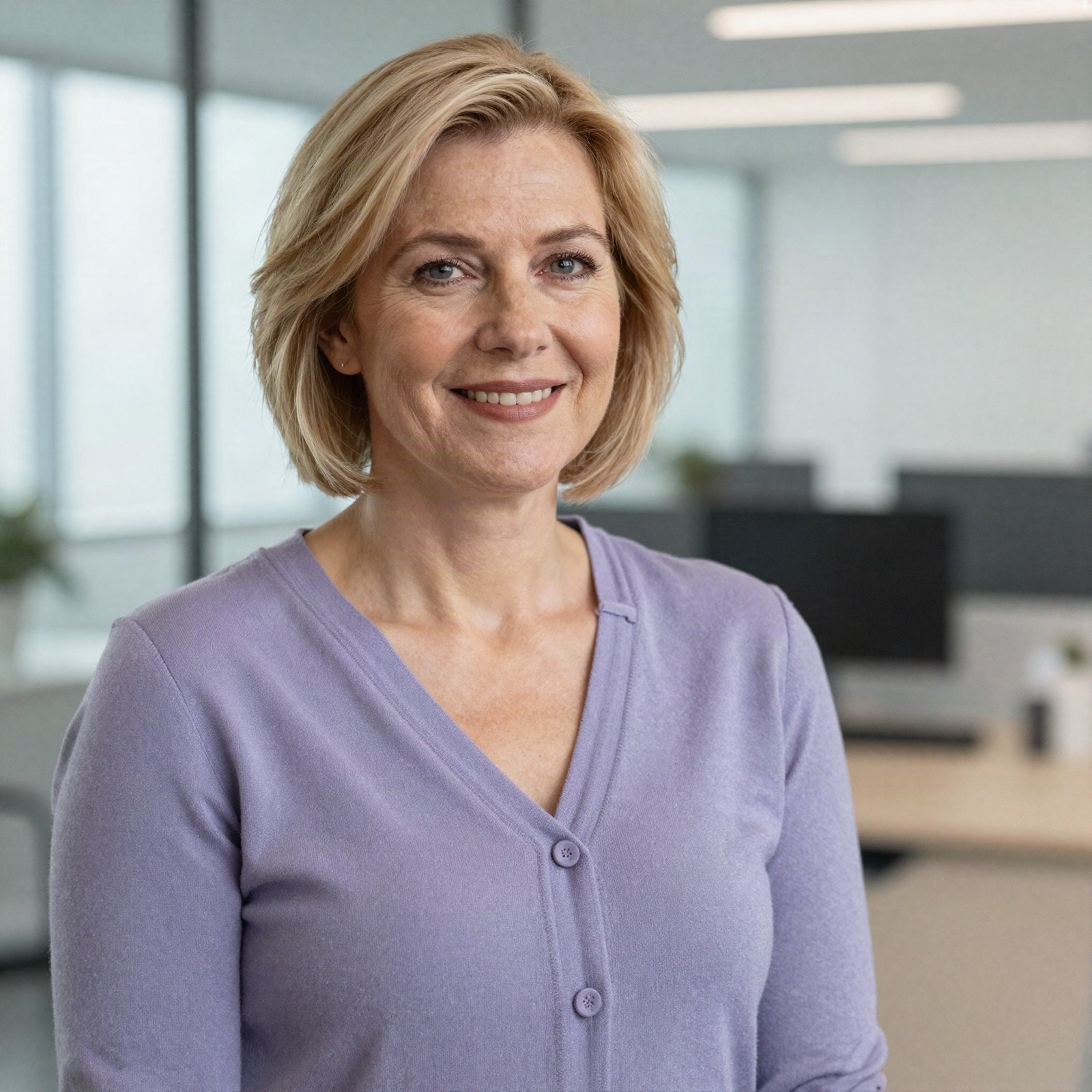 Portrait of a smiling woman with short blonde hair in a lavender cardigan