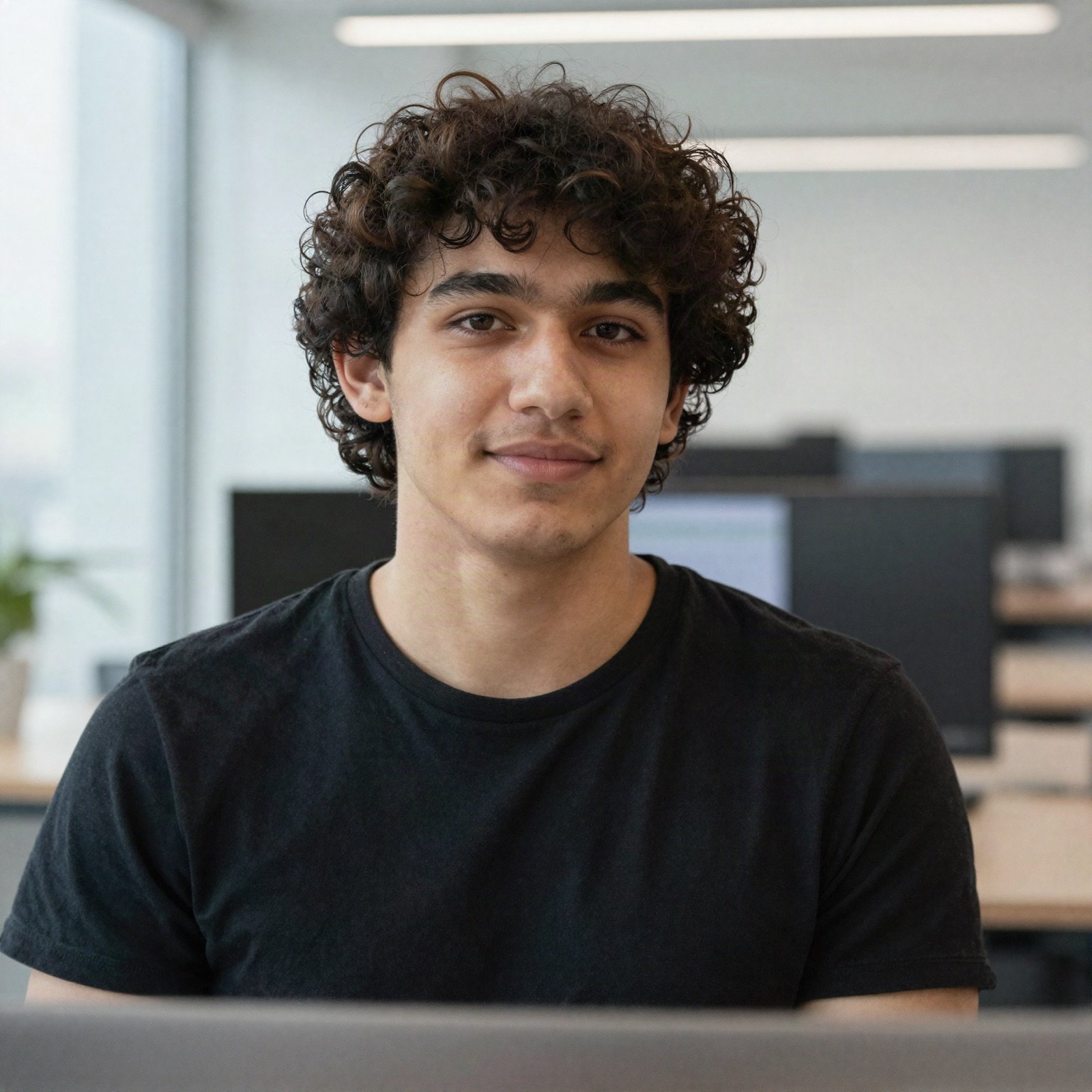 Portrait of a young developer with curly hair in a black t-shirt