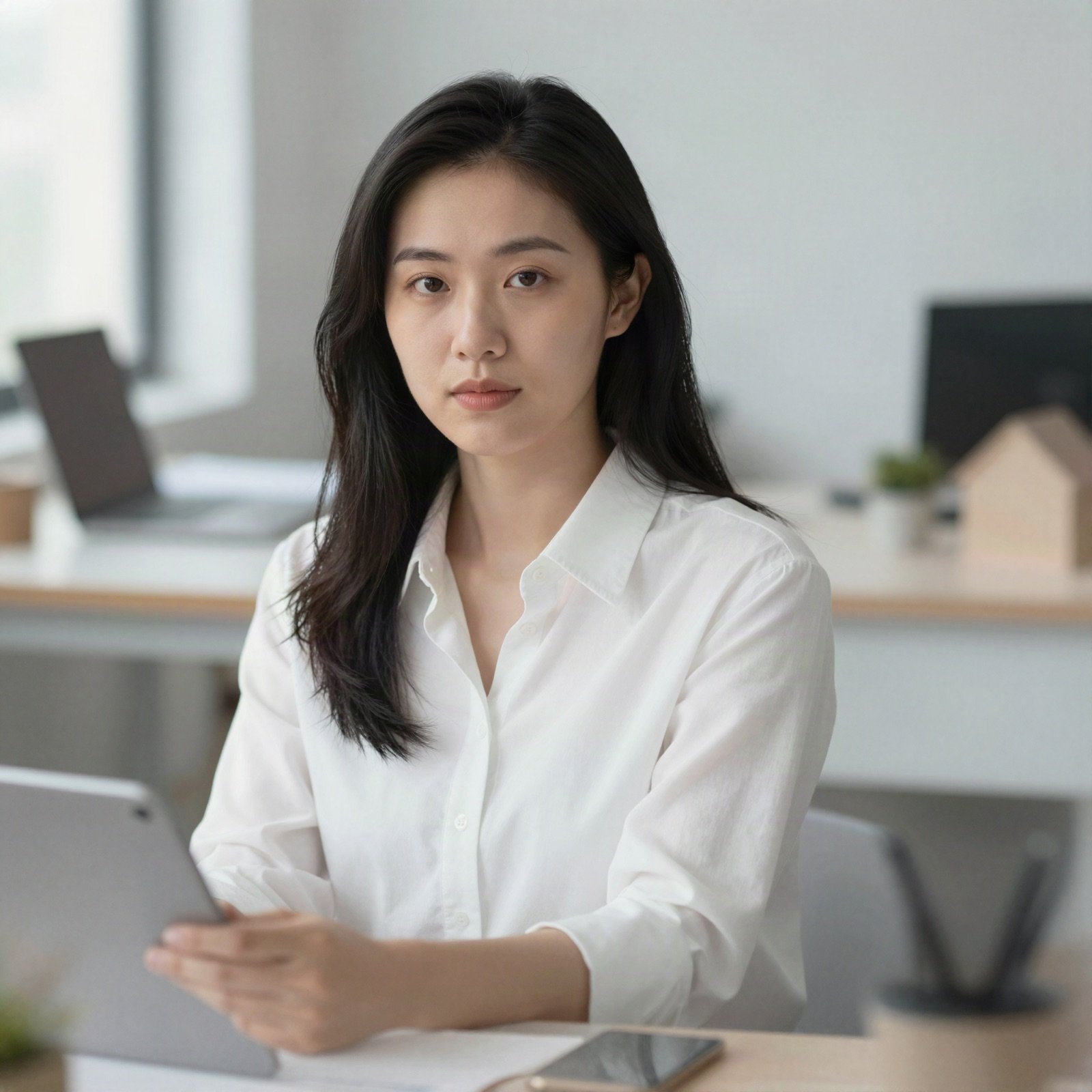Portrait of a designer with long black hair in a white shirt