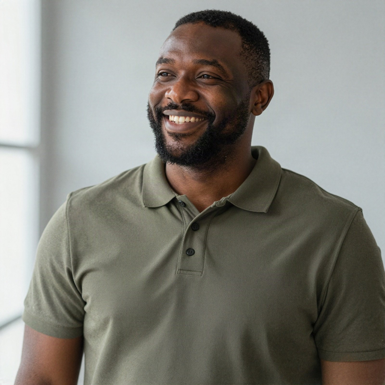 Portrait of a smiling bearded man in an olive polo shirt