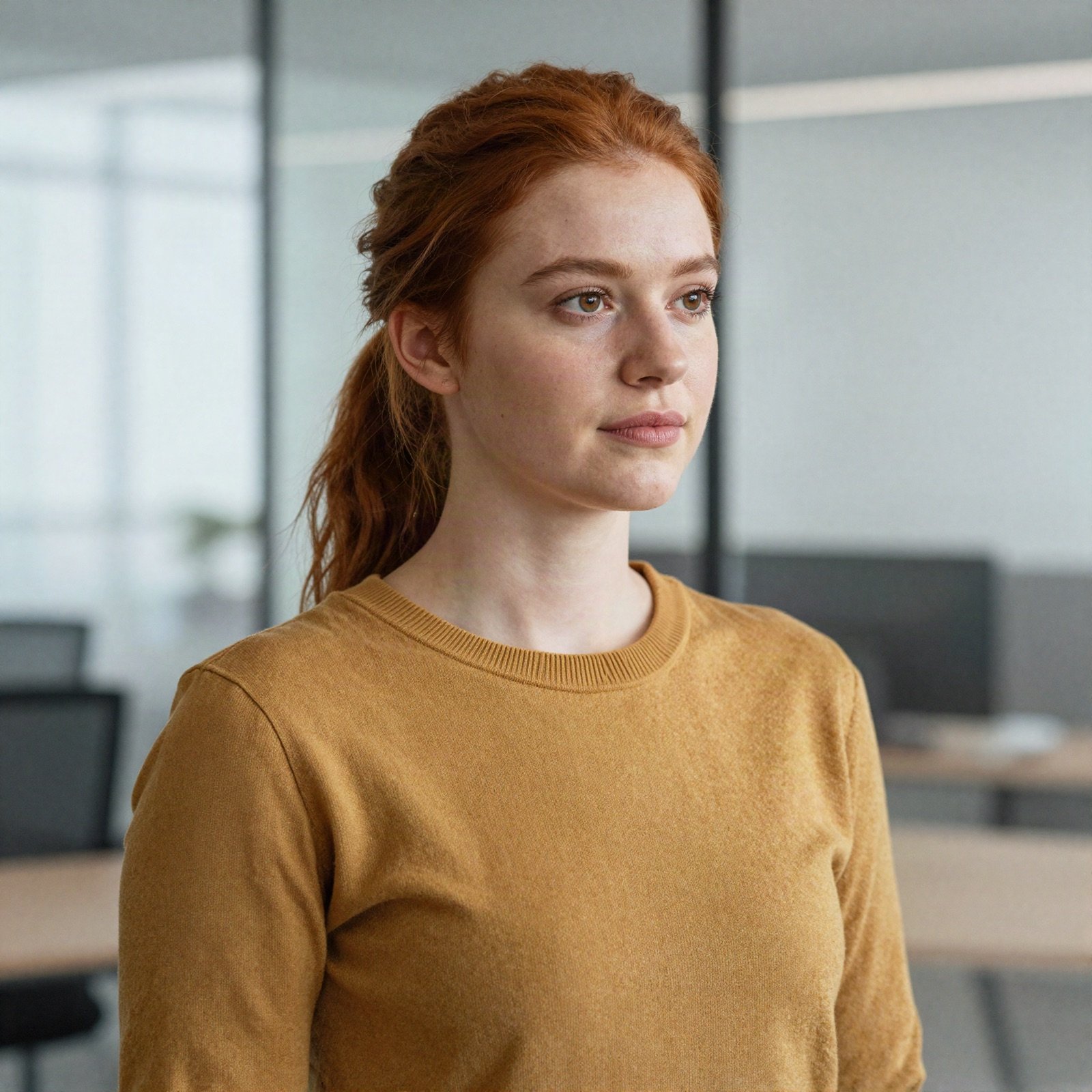 Portrait of a young woman with red hair in a mustard sweater