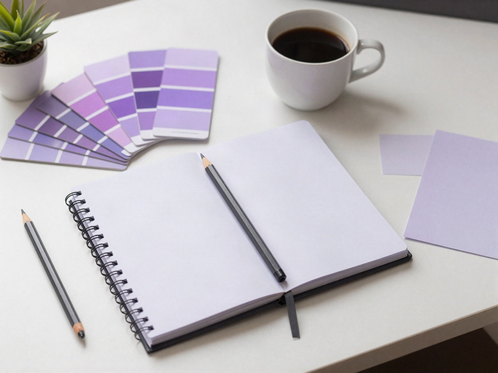 Sketchbook, pencils and violet colour swatches on a white desk beside a coffee cup