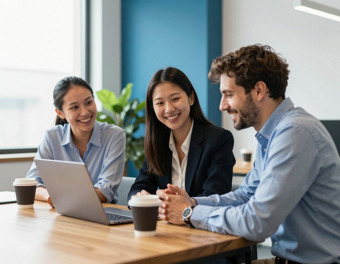 Three smiling colleagues planning a campaign at a table with coffee and a laptop