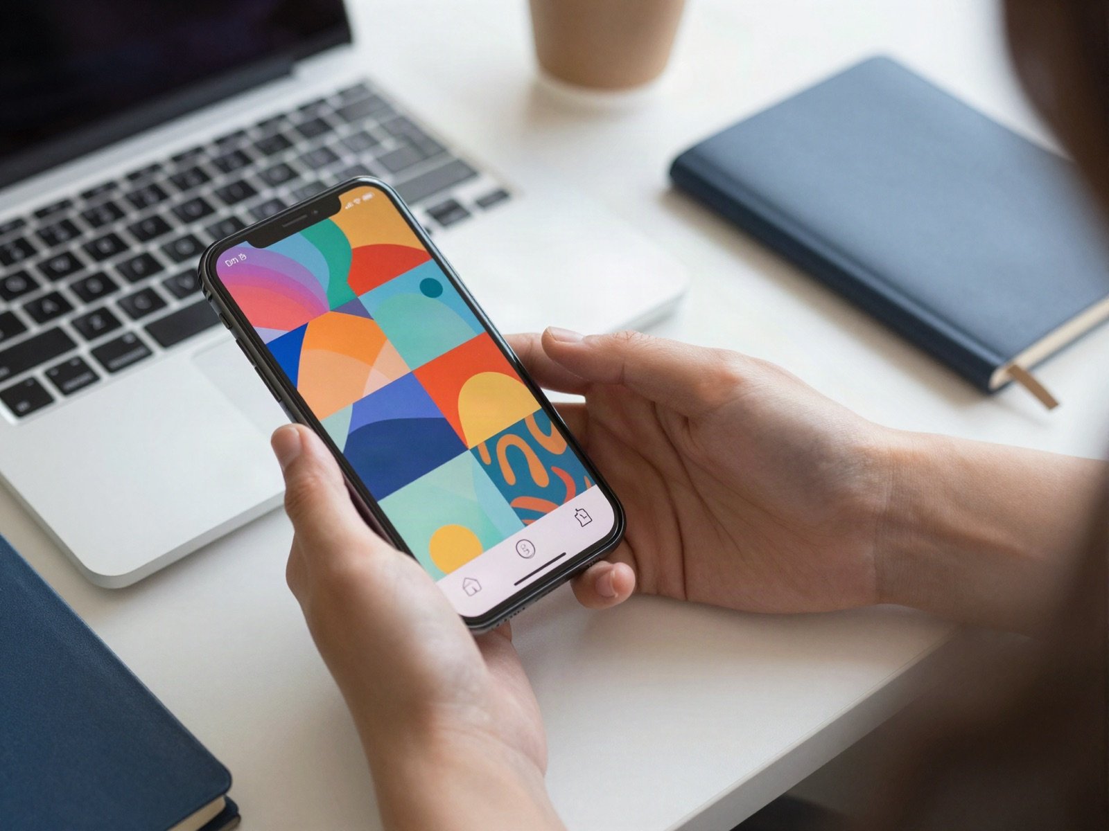 Hands holding a smartphone with colourful ad tiles beside a laptop