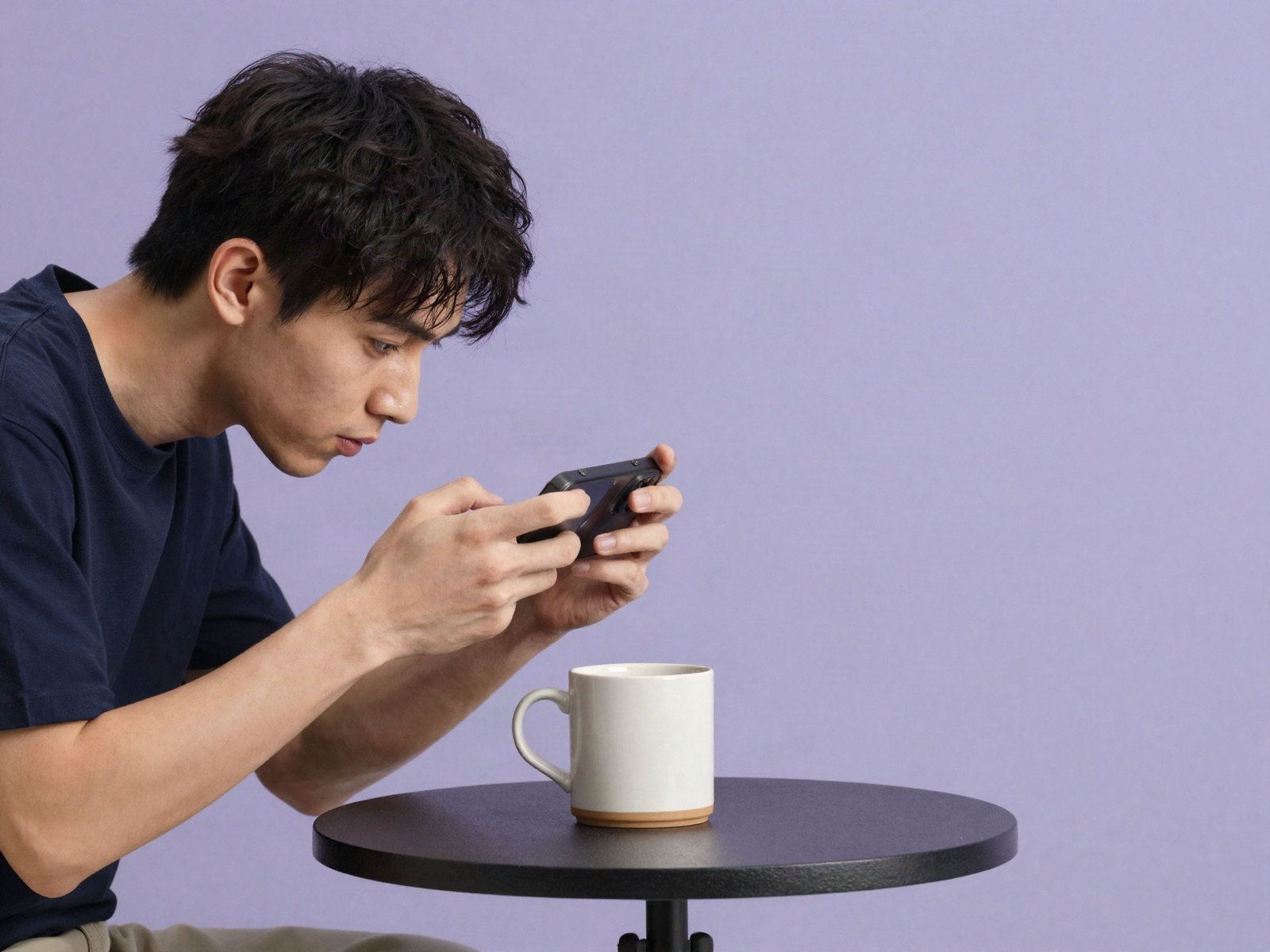 Young man filming a mug with his smartphone in a studio