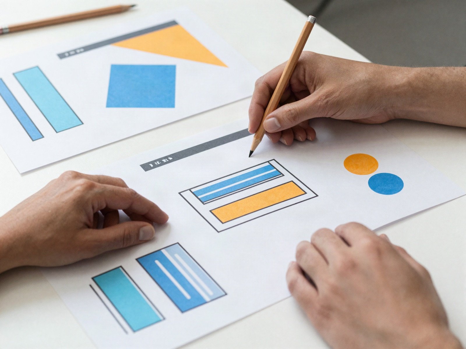 Hands arranging paper wireframes of a website layout