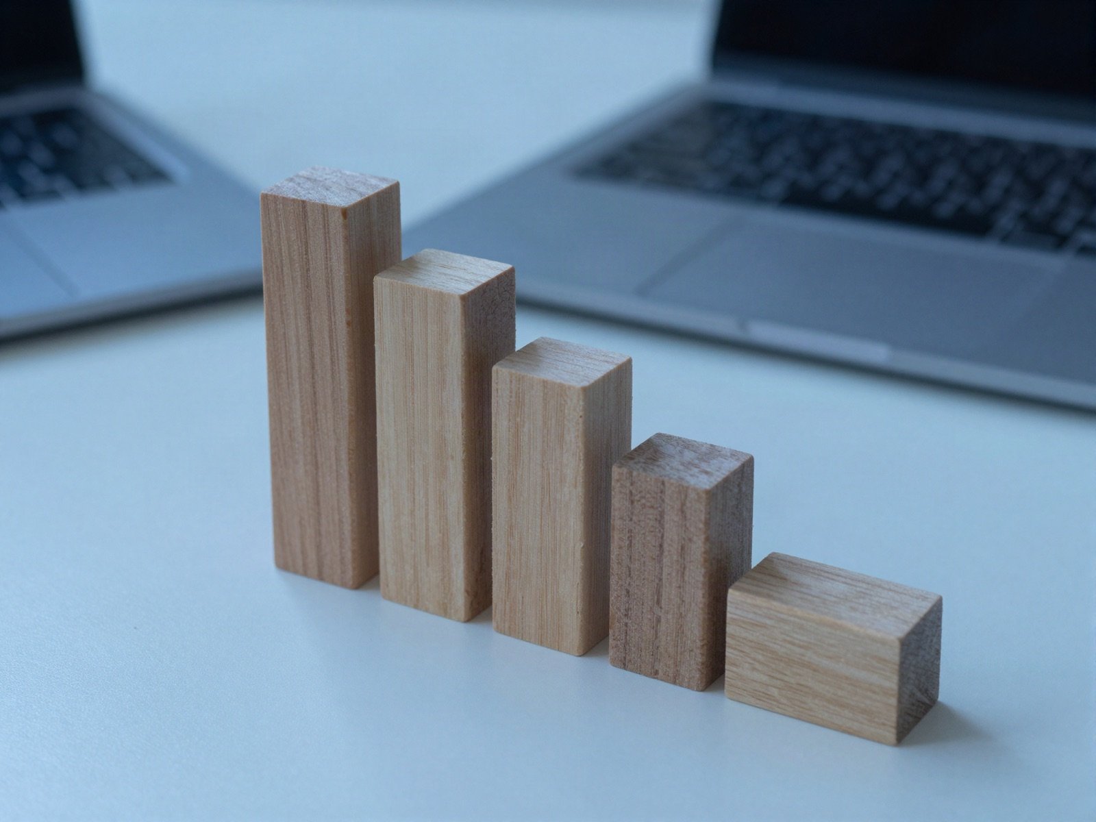Wooden blocks stacked like a bar chart beside a laptop
