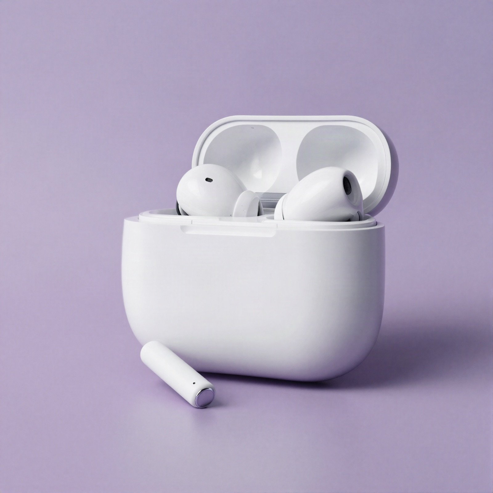White wireless earbuds in an open charging case