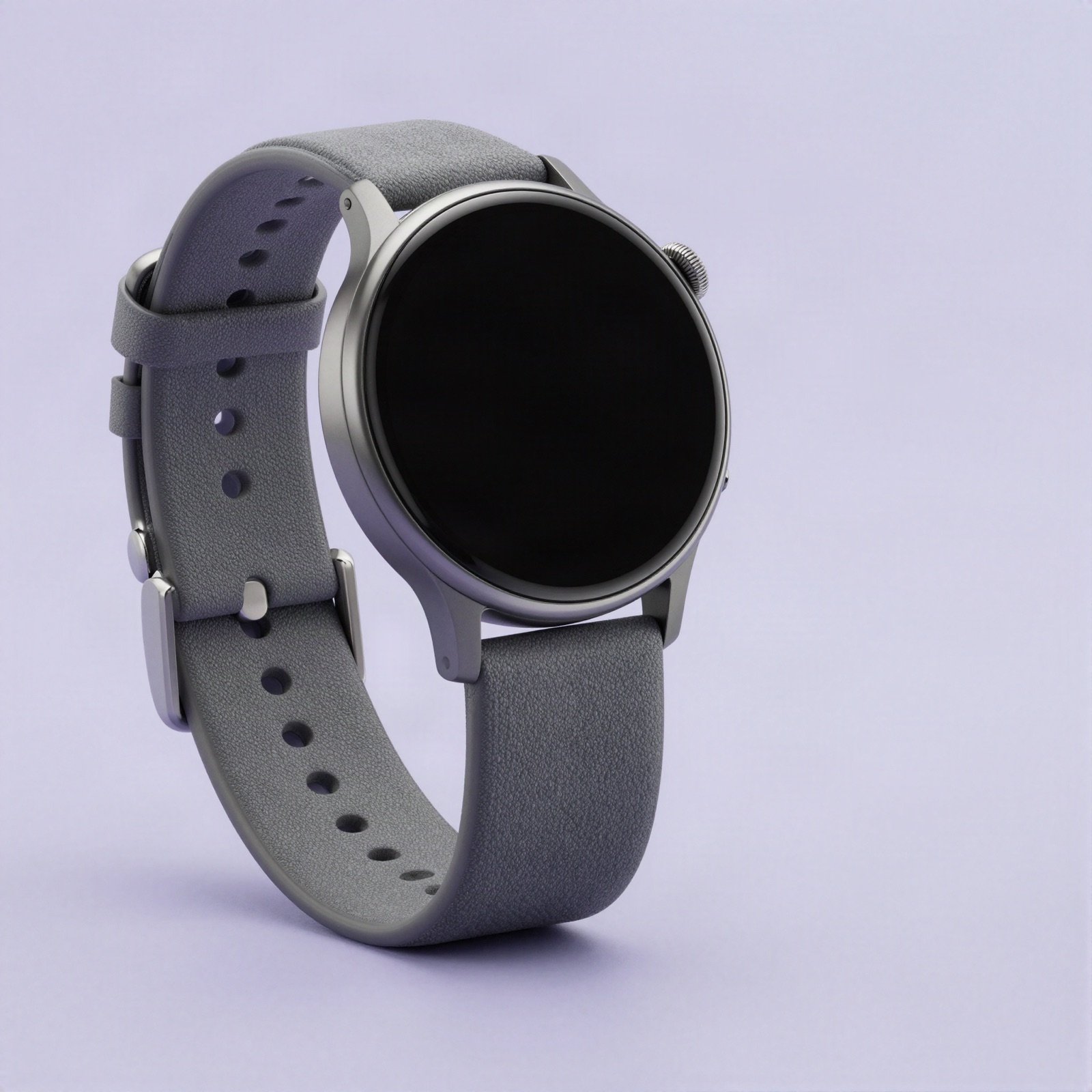 Round smartwatch with a grey fabric strap