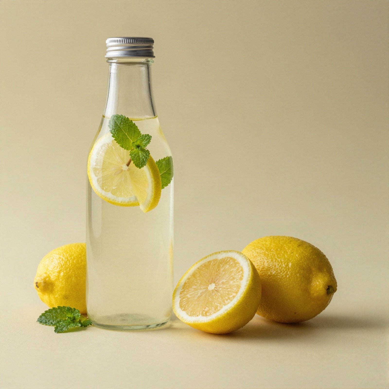 Glass bottle of lemon water with mint and fresh lemons