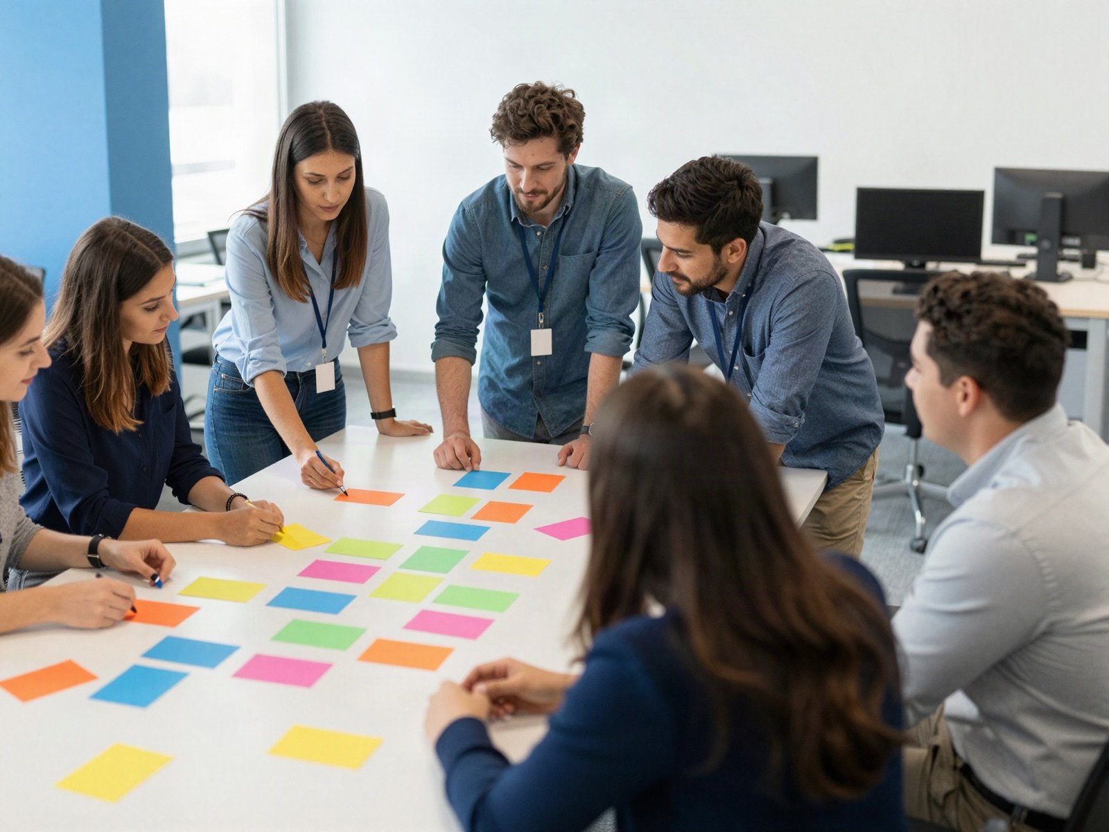 Marketing team arranging colourful cards to plan a strategy