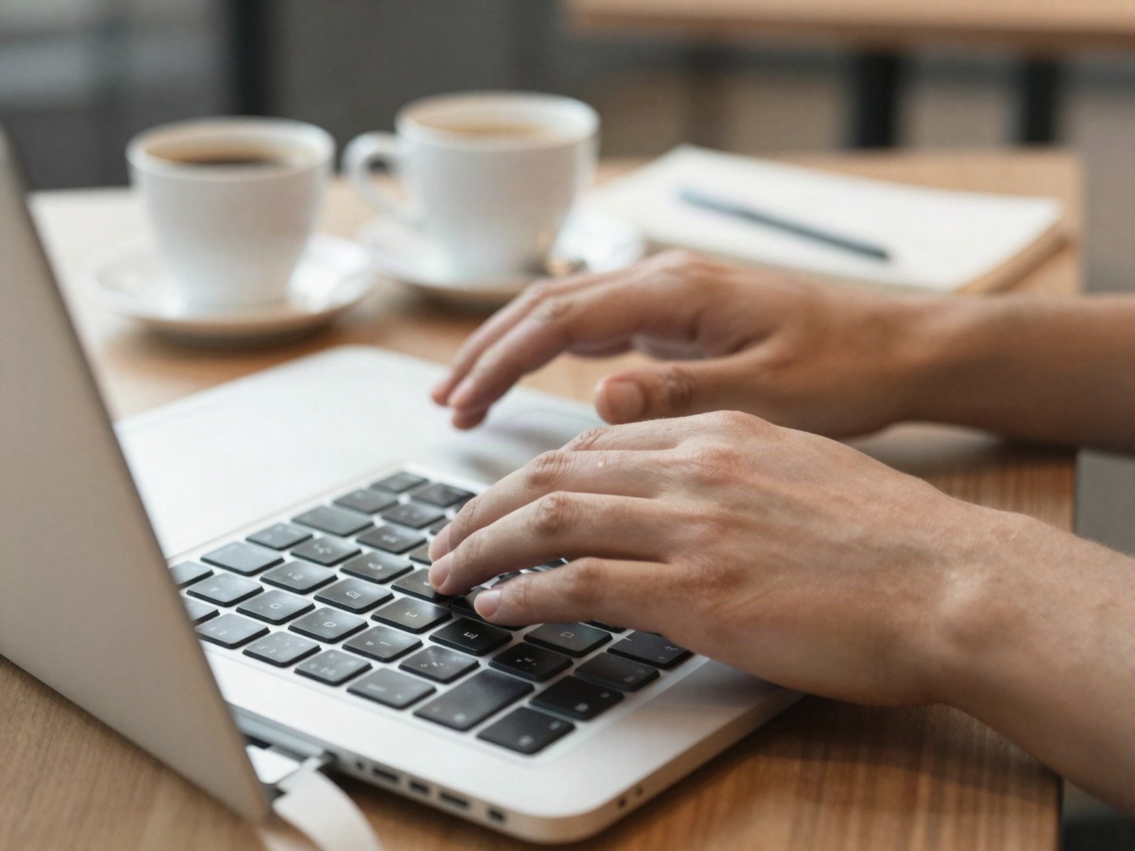 Hands typing on a laptop in a bright cafe