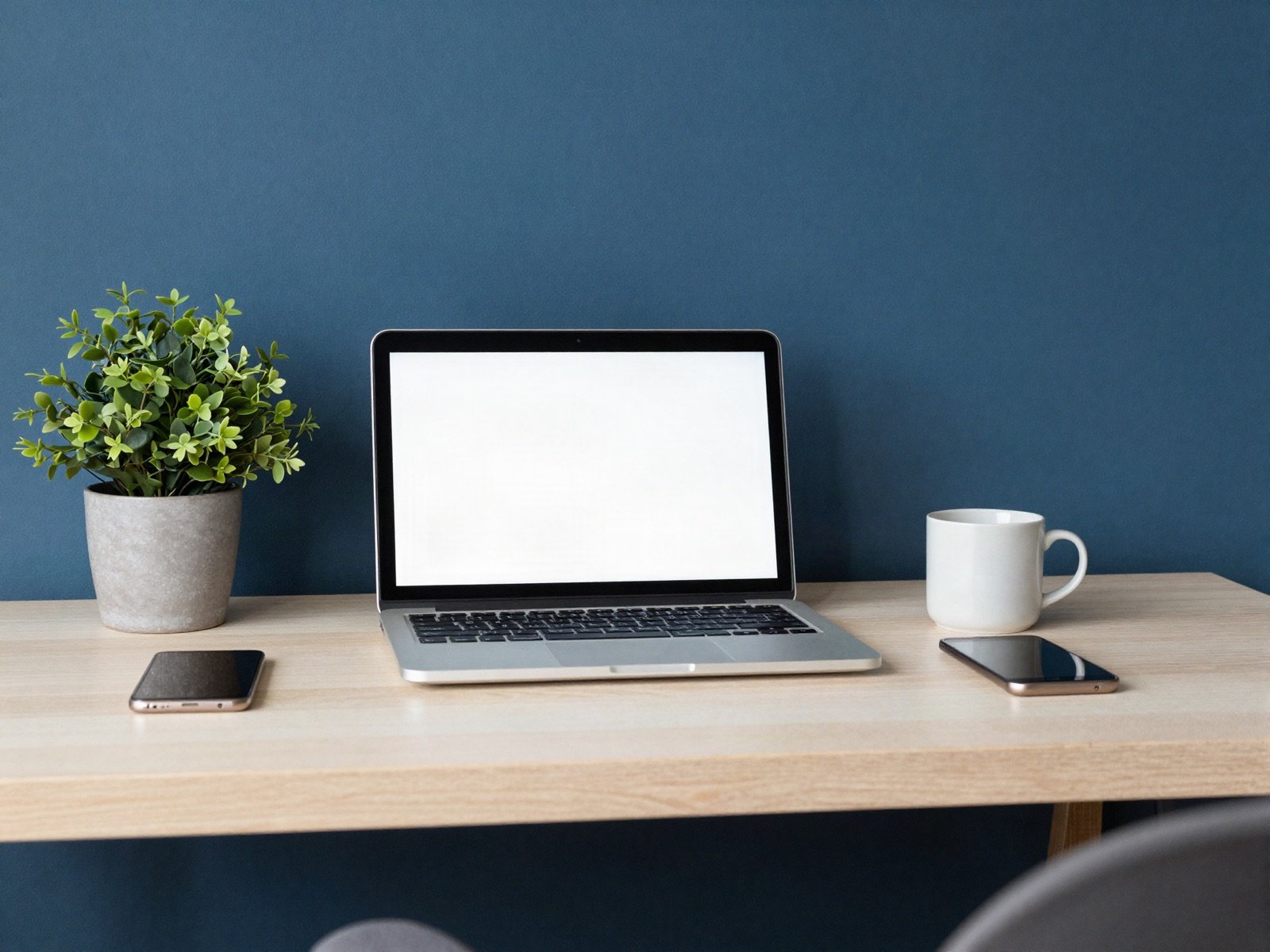 Tidy home office desk with a laptop and a plant