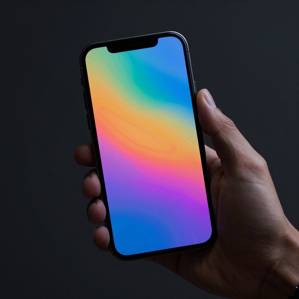 Hand holding a smartphone with a colourful gradient screen