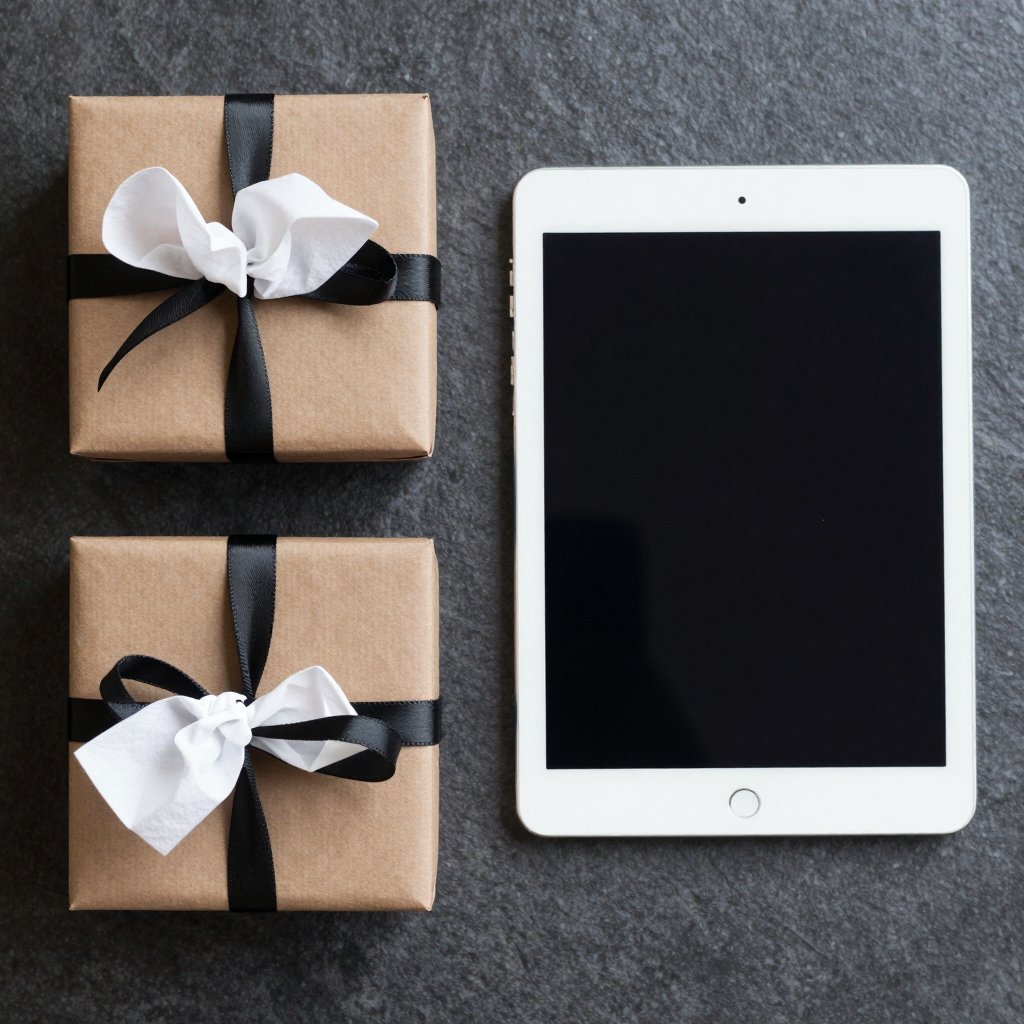 Kraft gift boxes with black ribbon beside a tablet on dark stone