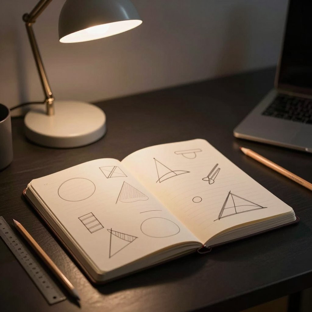 Sketchbook with geometric logo sketches under a desk lamp