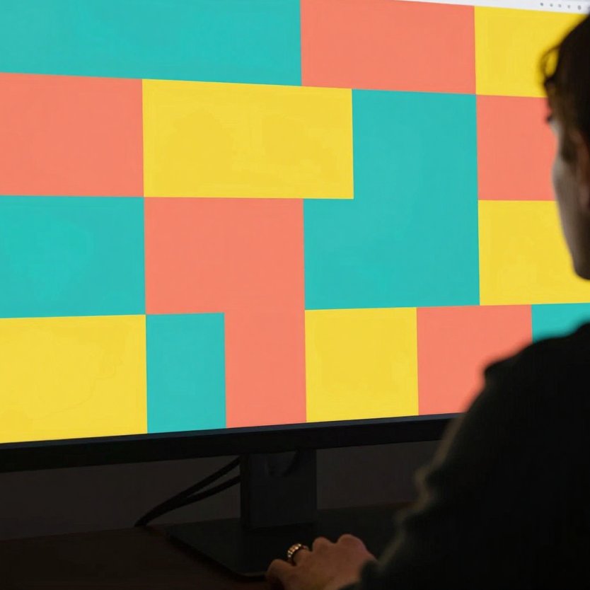 Designer working on a colourful website layout at a large monitor