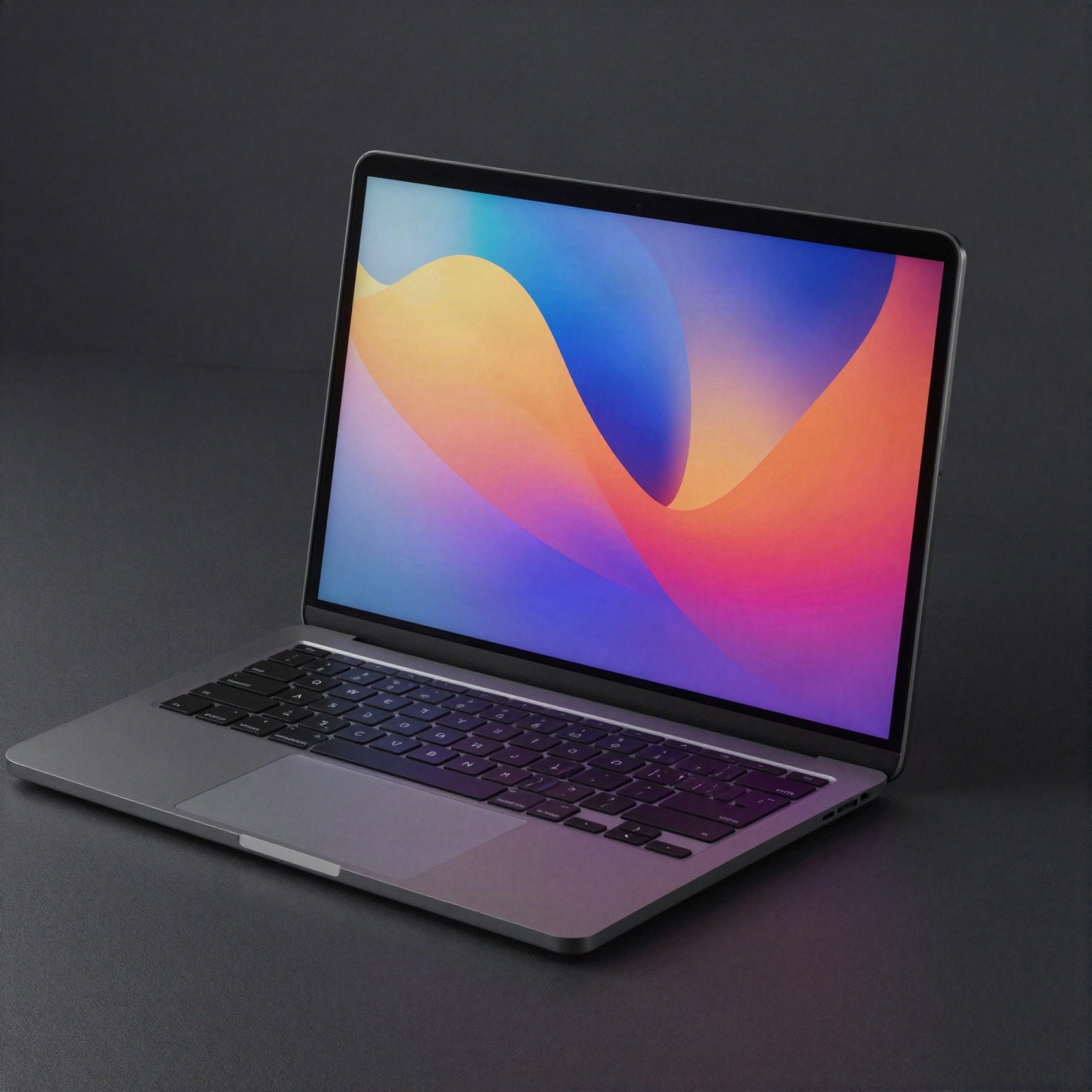Laptop with a colourful gradient artwork on its screen on a dark desk
