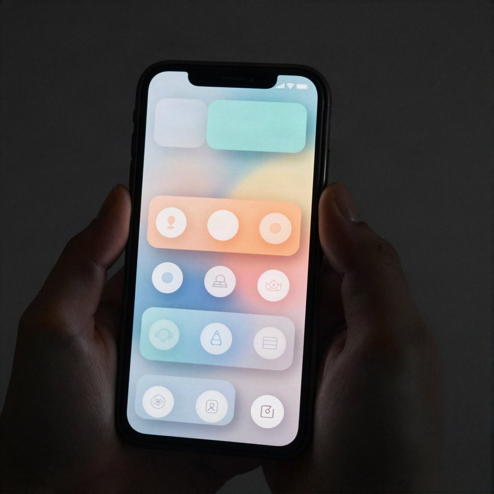 Hand holding a smartphone with a soft pastel app interface