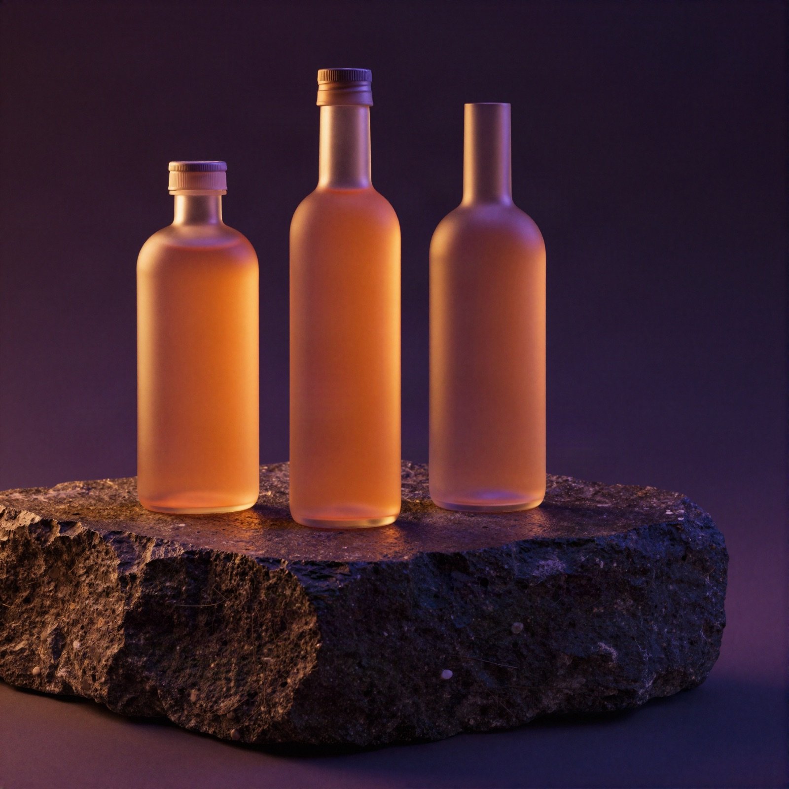Three frosted glass bottles on a stone pedestal in orange and purple light