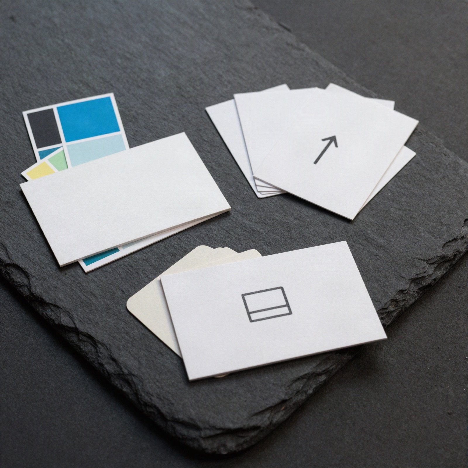 Blank business cards and colour swatches on a dark slate board