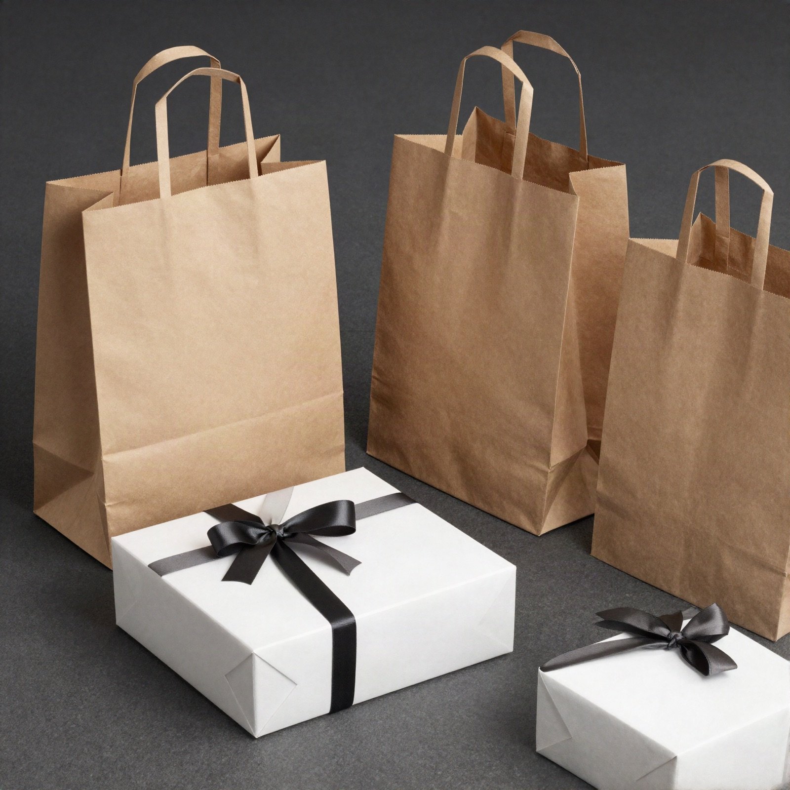 Kraft shopping bags and white gift boxes with black ribbon