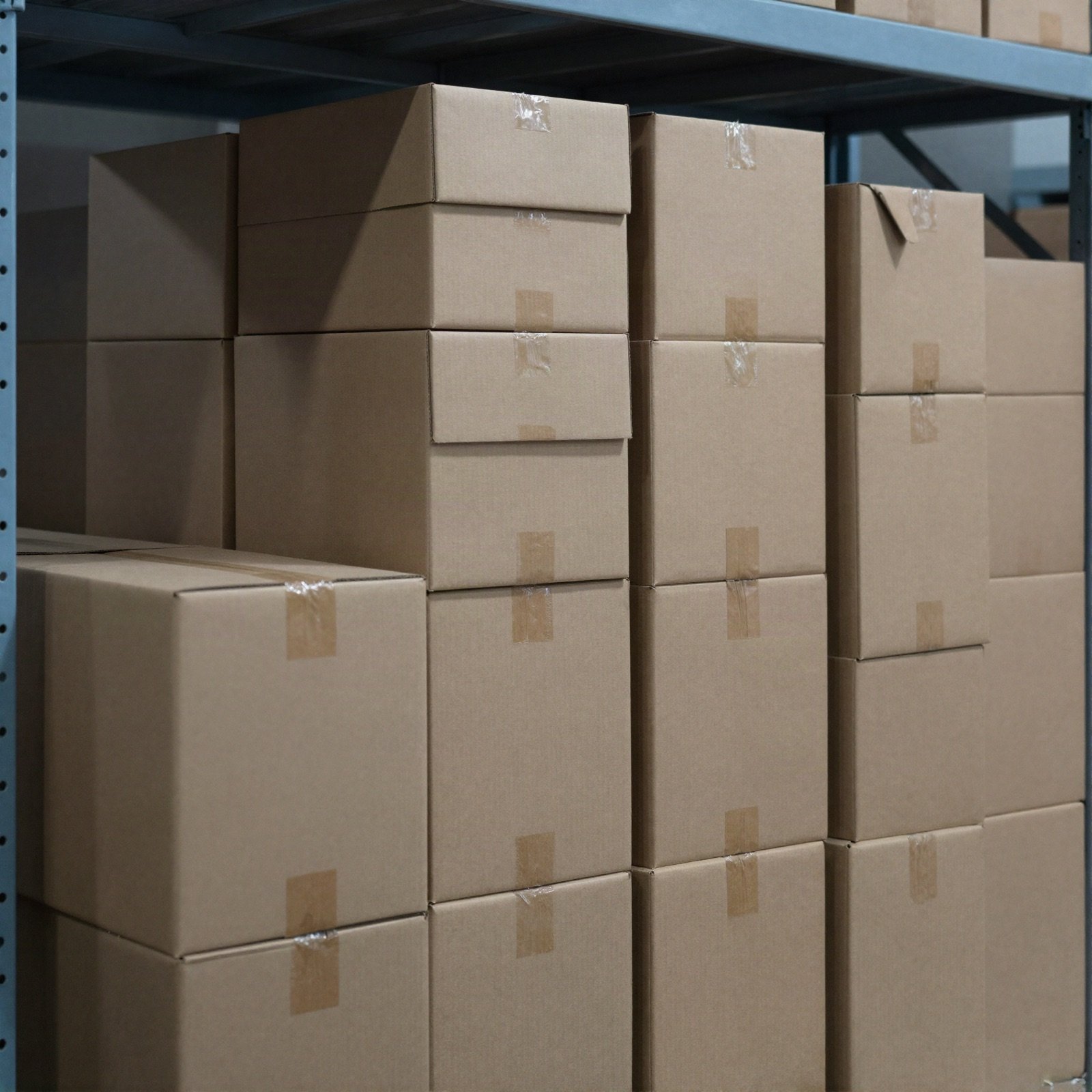 Stacked cardboard parcels on warehouse shelves