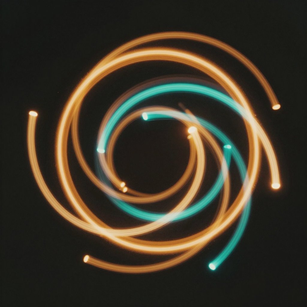 Album artwork of amber and teal light trails swirling on black