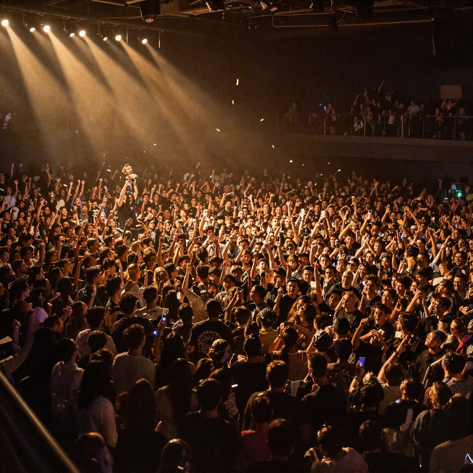 A packed arena dance floor with confetti under amber spotlights