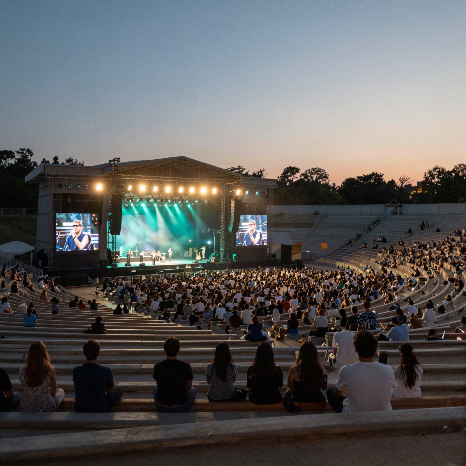 An open-air amphitheatre concert at dusk with teal stage lights