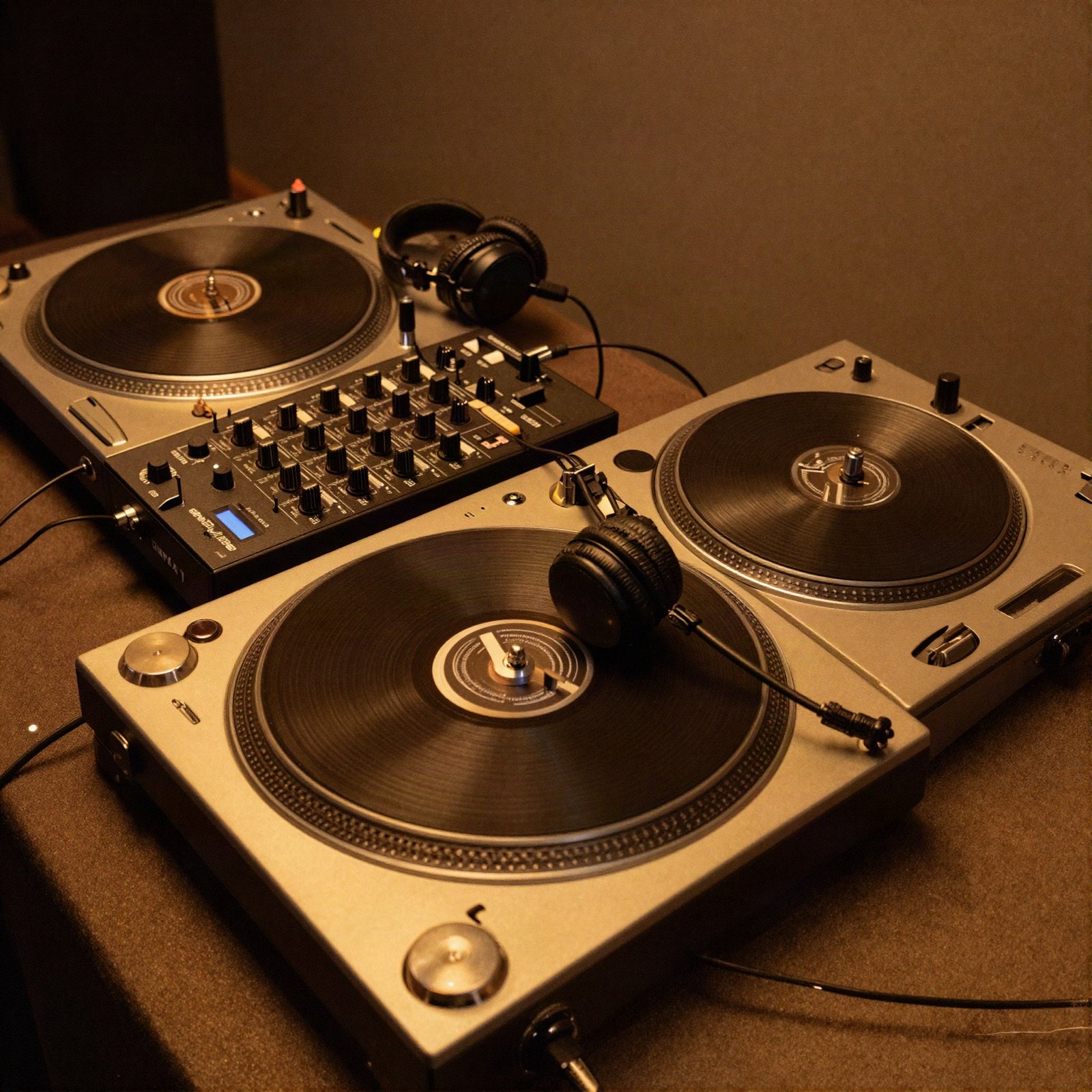 Two turntables, a mixer and headphones in a DJ booth