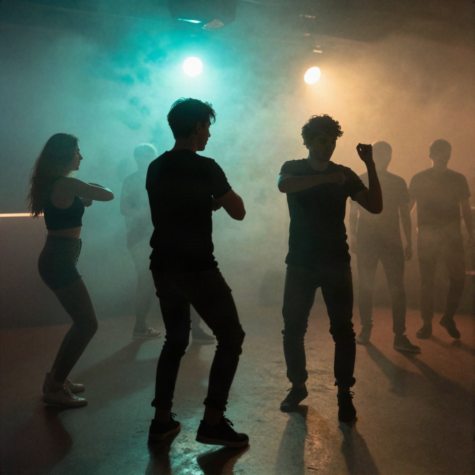 Silhouettes of people dancing against teal and amber club lights