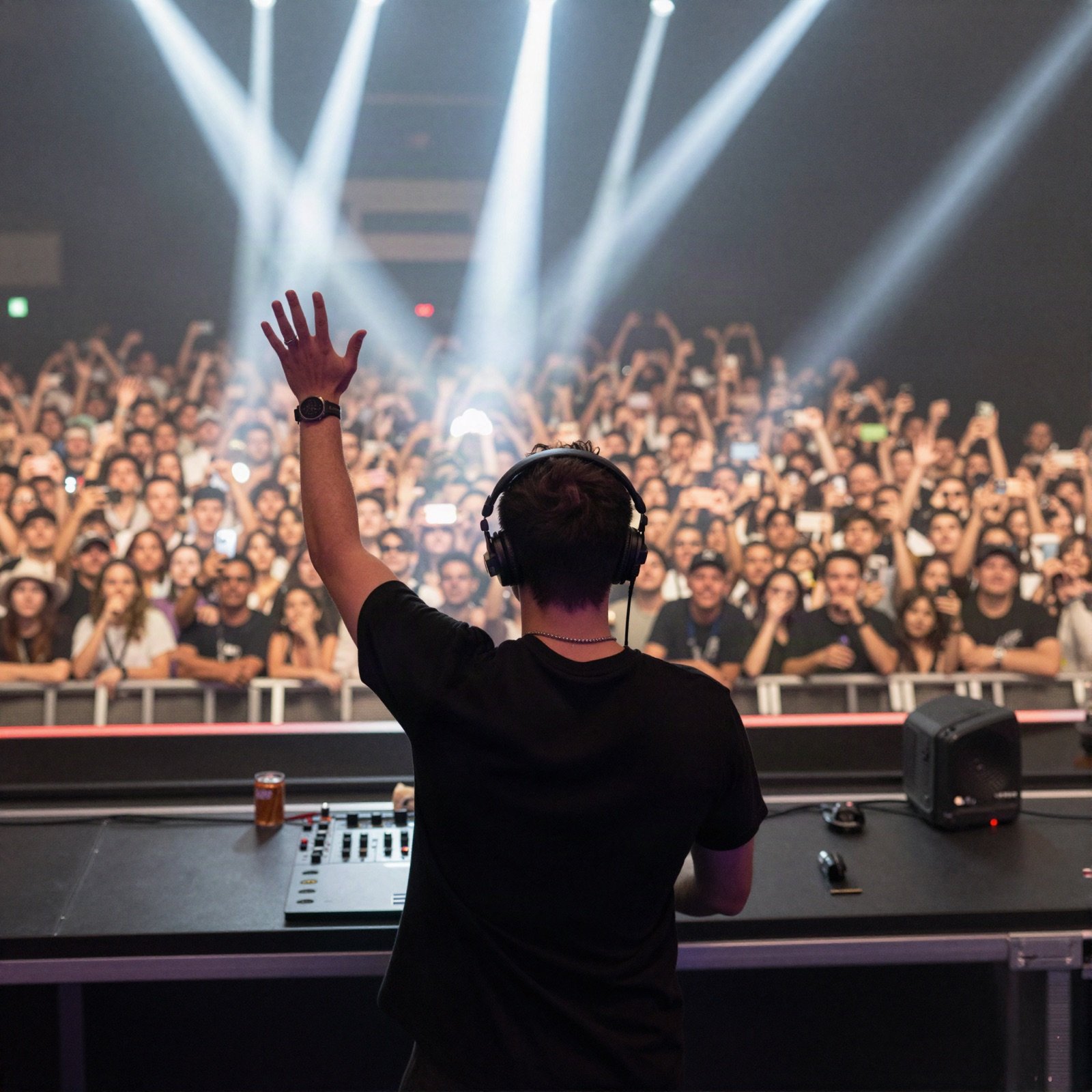 A DJ raising a hand to a huge crowd under white spotlights