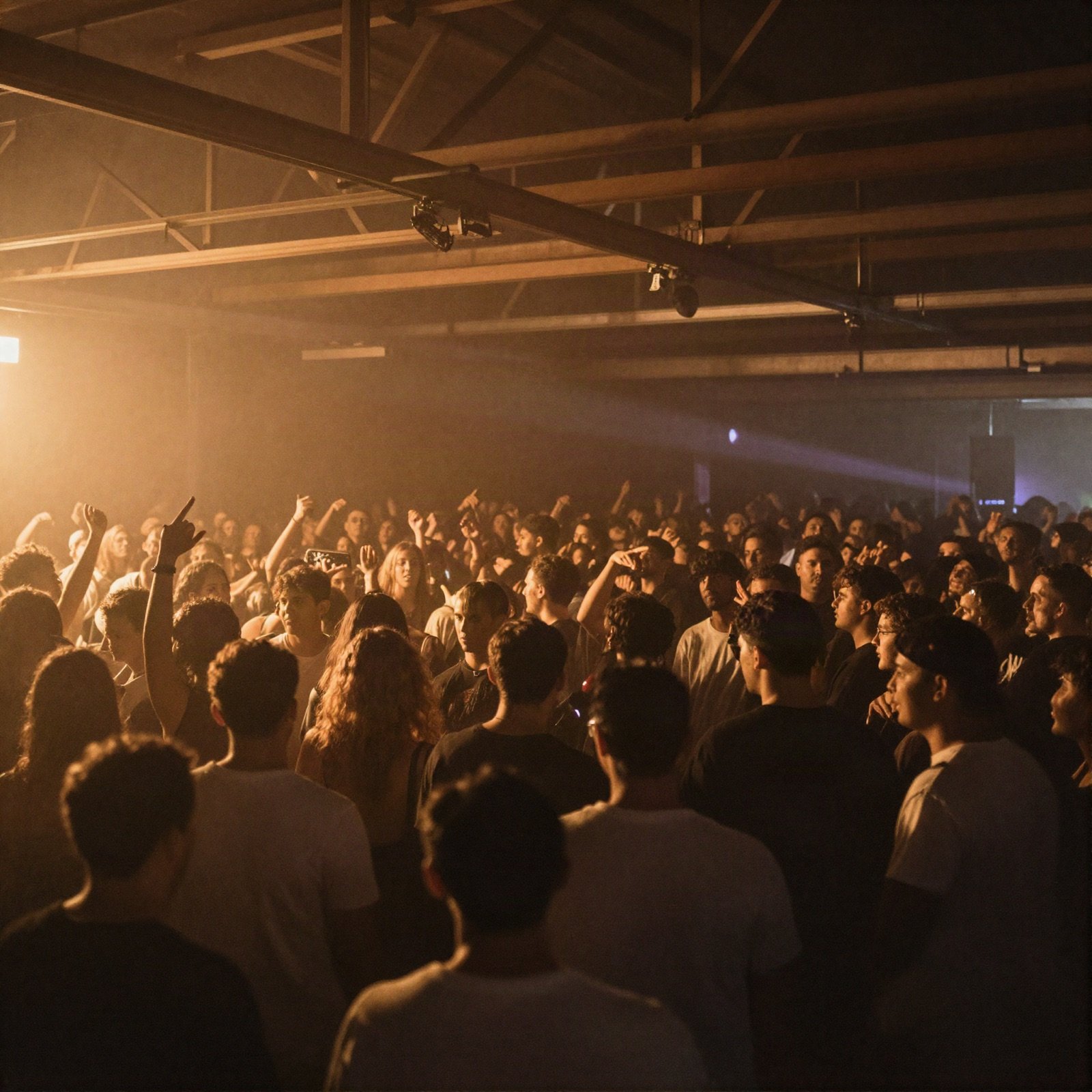 A warehouse rave with haze and amber lights over the crowd