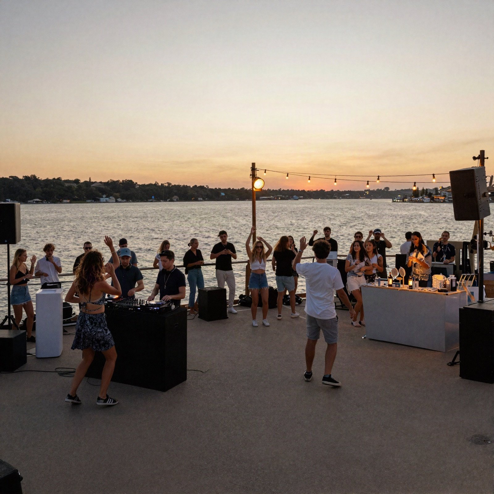A waterfront party at sunset with a DJ booth and dancers