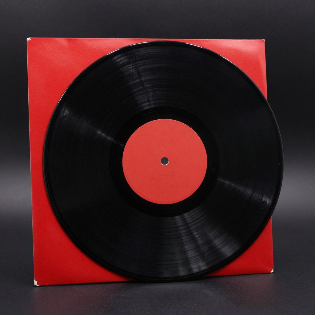 Black vinyl record in a plain red sleeve