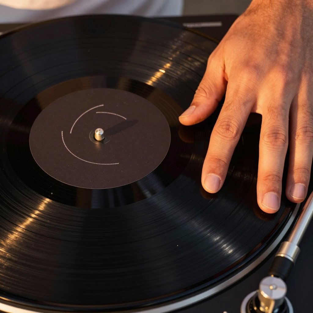 Hand resting on a spinning vinyl record